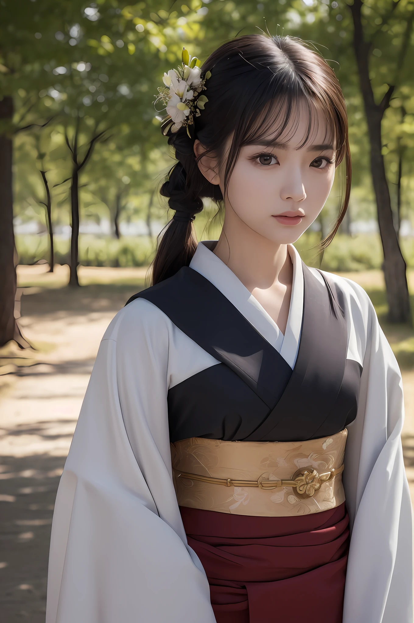 ((Best Quality, 8K, Masterpiece: 1.3)), Sharp Focus: 1.2, (Super Beautiful Face: 1.0), (Glossy Skin: 1.0), Realistic Photos, Black Hair, Realistic Pupils, Movie Lighting, Highly Detailed Eyes and Faces, Movie Lighting, (Cowboy Shot: 1.0), (Kimono, Hakama, Obi: 1.15), In Nature, (Korean Cute Actress)
