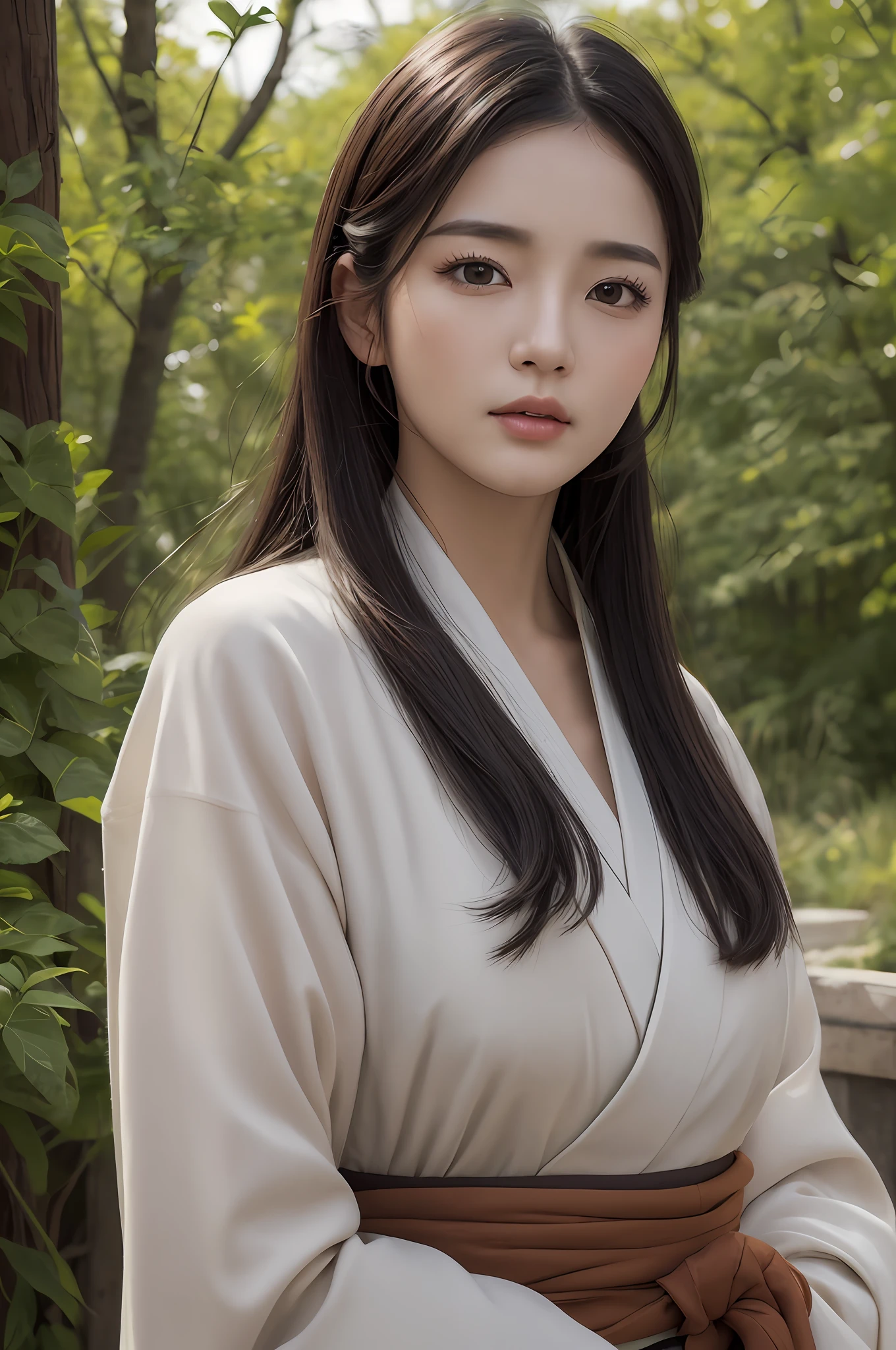 ((Best Quality, 8K, Masterpiece: 1.3)), Sharp Focus: 1.2, (Super Beautiful Face: 1.0), (Glossy Skin: 1.0), Realistic Photos, Black Hair, Realistic Pupils, Movie Lighting, Highly Detailed Eyes and Faces, Movie Lighting, (Cowboy Shot: 1.0), (Kimono, Hakama, Obi: 1.15), In Nature, (Korean Cute Actress)