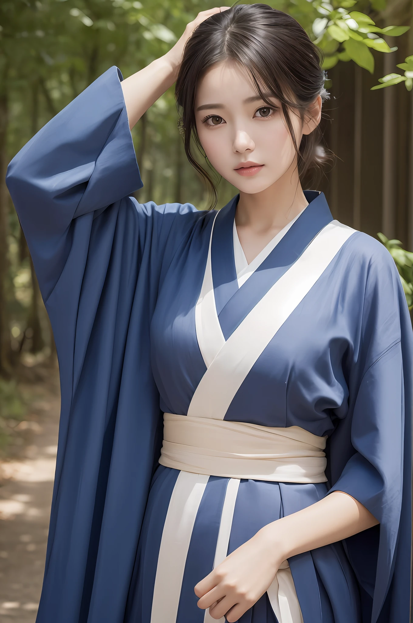 ((Best Quality, 8K, Masterpiece: 1.3)), Sharp Focus: 1.2, (Super Beautiful Face: 1.0), (Glossy Skin: 1.0), Realistic Photos, Black Hair, Realistic Pupils, Movie Lighting, Highly Detailed Eyes and Faces, Movie Lighting, (Cowboy Shot: 1.0), (Kimono, Hakama, Obi: 1.15), In Nature, (Korean Cute Actress)