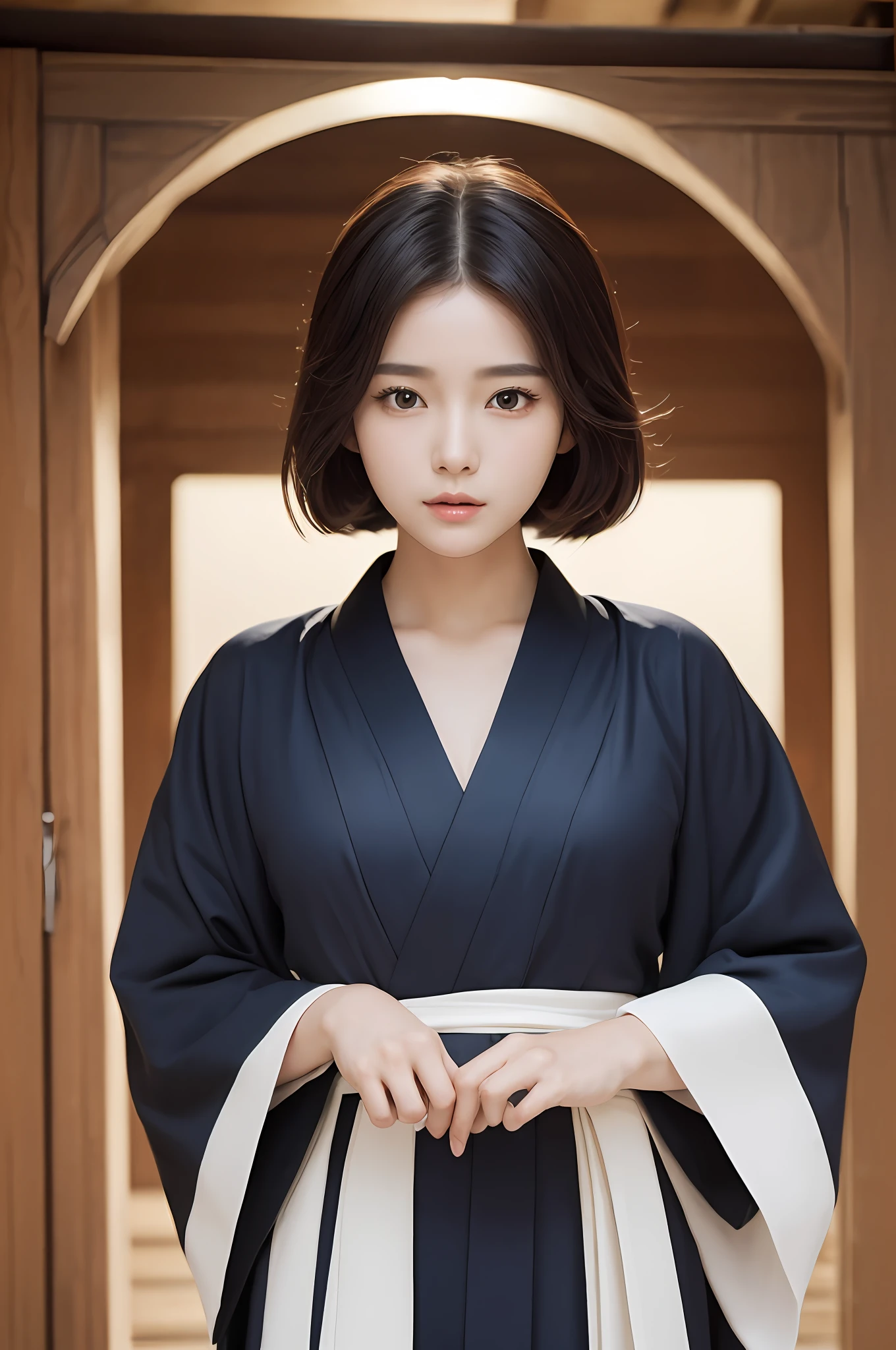 ((Best Quality, 8K, Masterpiece: 1.3)), Sharp Focus: 1.2, (Super Beautiful Face: 1.0), (Glossy Skin: 1.0), Realistic Photos, Black Hair, Realistic Pupils, Movie Lighting, Highly Detailed Eyes and Faces, Movie Lighting, (Cowboy Shot: 1.0), (Kimono, Hakama, Obi: 1.15), In Nature, (Korean Cute Actress)