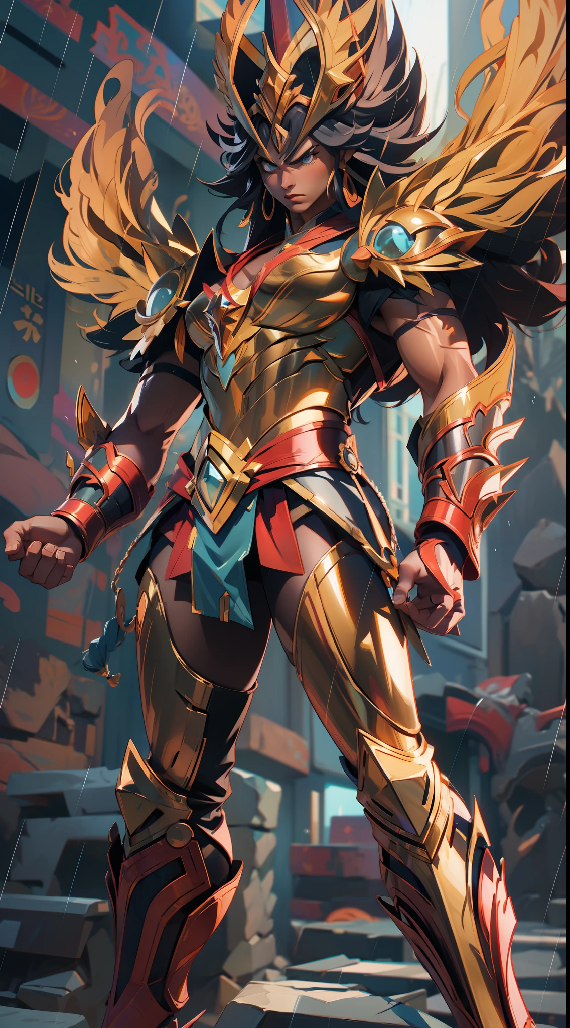 saint seiya phoenix ikki , super strong, muscular, raining, 35mm lens, photography, ultra details, precise texture details HDR, UHD,64K,