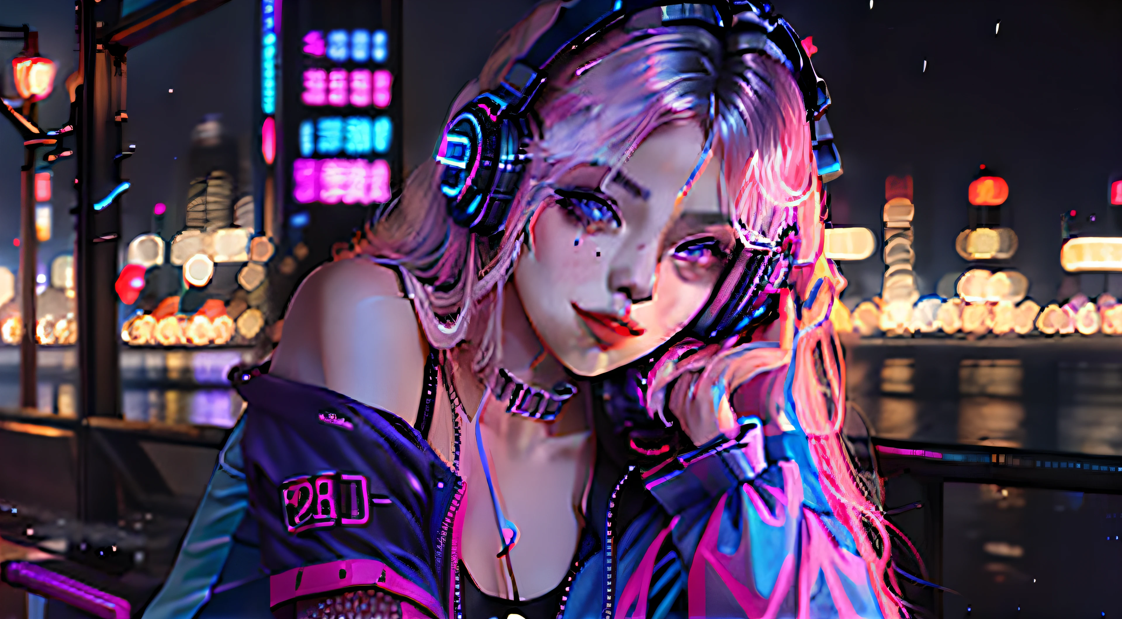 Rainy night in cyberpunk city，Flashing neon，Game CG，Expression charts，photographed，colorful refraction，Colorful，Dark blue hair，Seductive smile，Beautiful eyes，Redlip，The shirt，hot pant，Breast headphones，Stretch