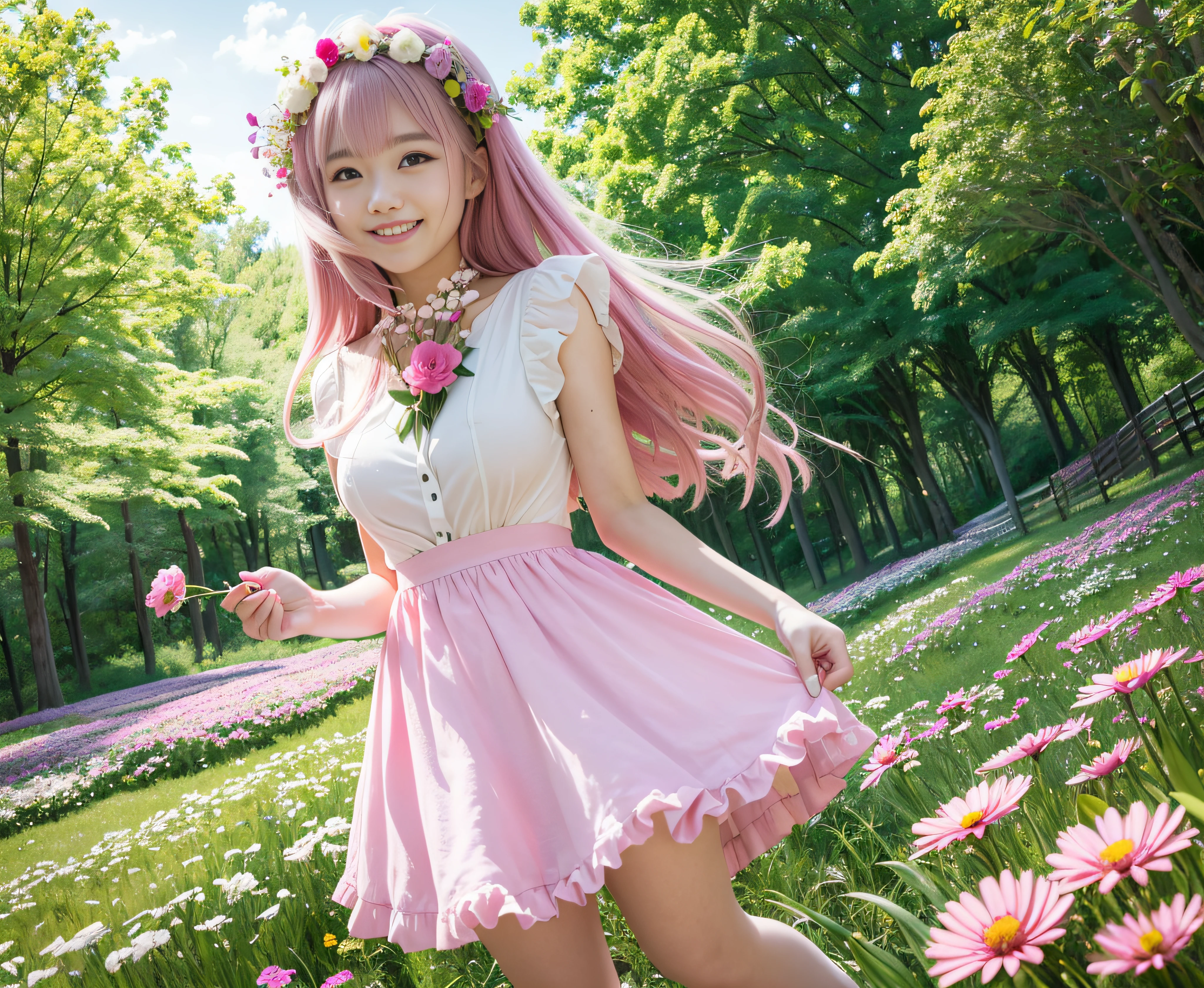 sixteen years old、Pink dress、lots of ruffles、Twin-tailed、Long、Pink hair、A slight smil、Hair fluttering in the wind、splash water、mideum breasts、Pink tights、grass field、Overgrown with flowers、Lifting the hem of the skirt、white  panties、The blouse is taut、japanes、Cute smile、The mouth is closed、Flower necklace、Flowers in the hair、One girl