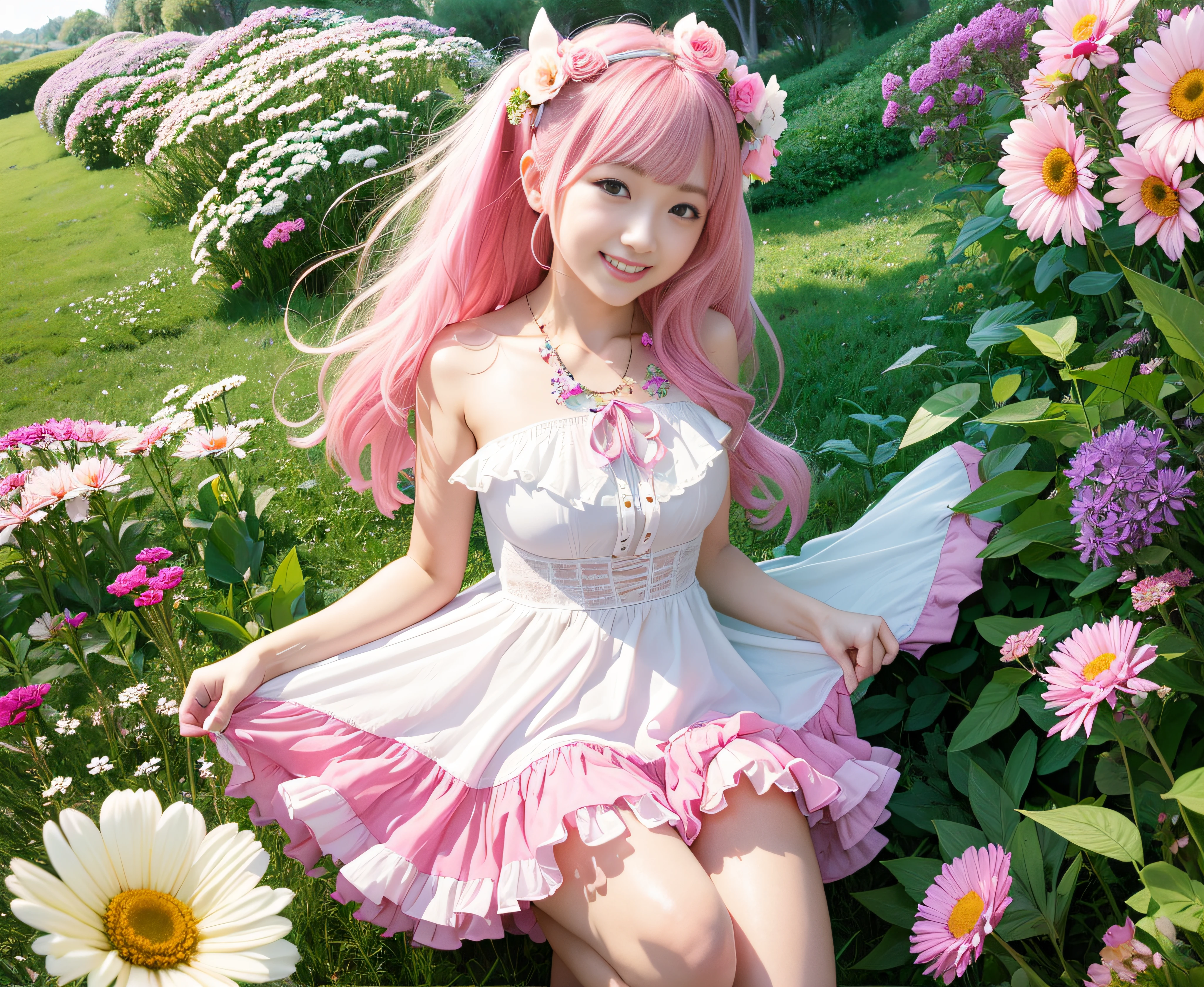 sixteen years old、Pink dress、lots of ruffles、Twin-tailed、Long、Pink hair、A slight smil、Hair fluttering in the wind、splash water、mideum breasts、Pink tights、grass field、Overgrown with flowers、Lifting the hem of the skirt、white  panties、The blouse is taut、japanes、Cute smile、The mouth is closed、Flower necklace、Flowers in the hair、One girl