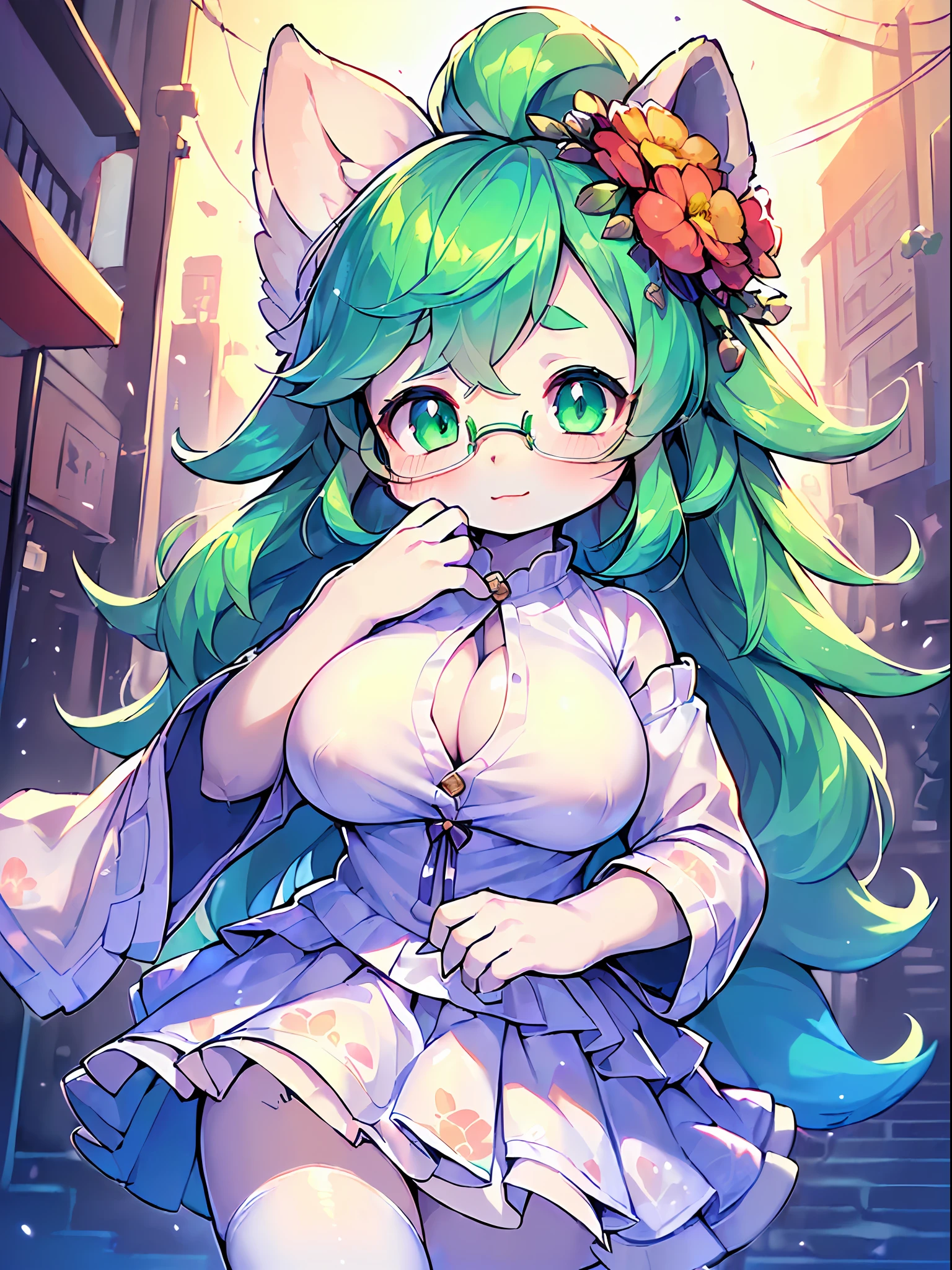 (​masterpiece、Top image quality、Detailed eye highlights、masutepiece,Best Quality, Illustration,Beautiful detailed girl,Beautiful detailed glow, pixiv、8K high image quality:1.2)、(Emerald hair、white body hair, one girls、独奏:1.5)、(put on clothes、eye glasses、elementary student、5years old、Lori、ultra gigantic tits、Young features:1.4)、Gentle、maternal、clever、Seductive facial expressions、(Gray Shadow Dress,Wide sleeves,Floral Print Sleeve,Gothic lolita,White skirt,layered skirts,White sleeves:1.1)、(Emphasize the face、Bring your face closer、scornful:1.3)