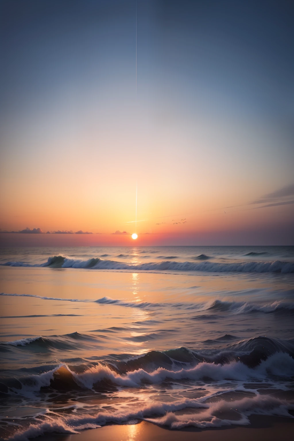 An absolutely mesmerizing sunset on the beach, with orange, pink, white boats and yellow filling the sky. The water is crystal clear, gently kissing the shore, and the white sand beach stretches as far as the eye can see. The scene is dynamic and breathtaking, with seagulls soaring high in the sky and palm trees gently swaying. Immerse yourself in the tranquility and let the tranquility surround you.