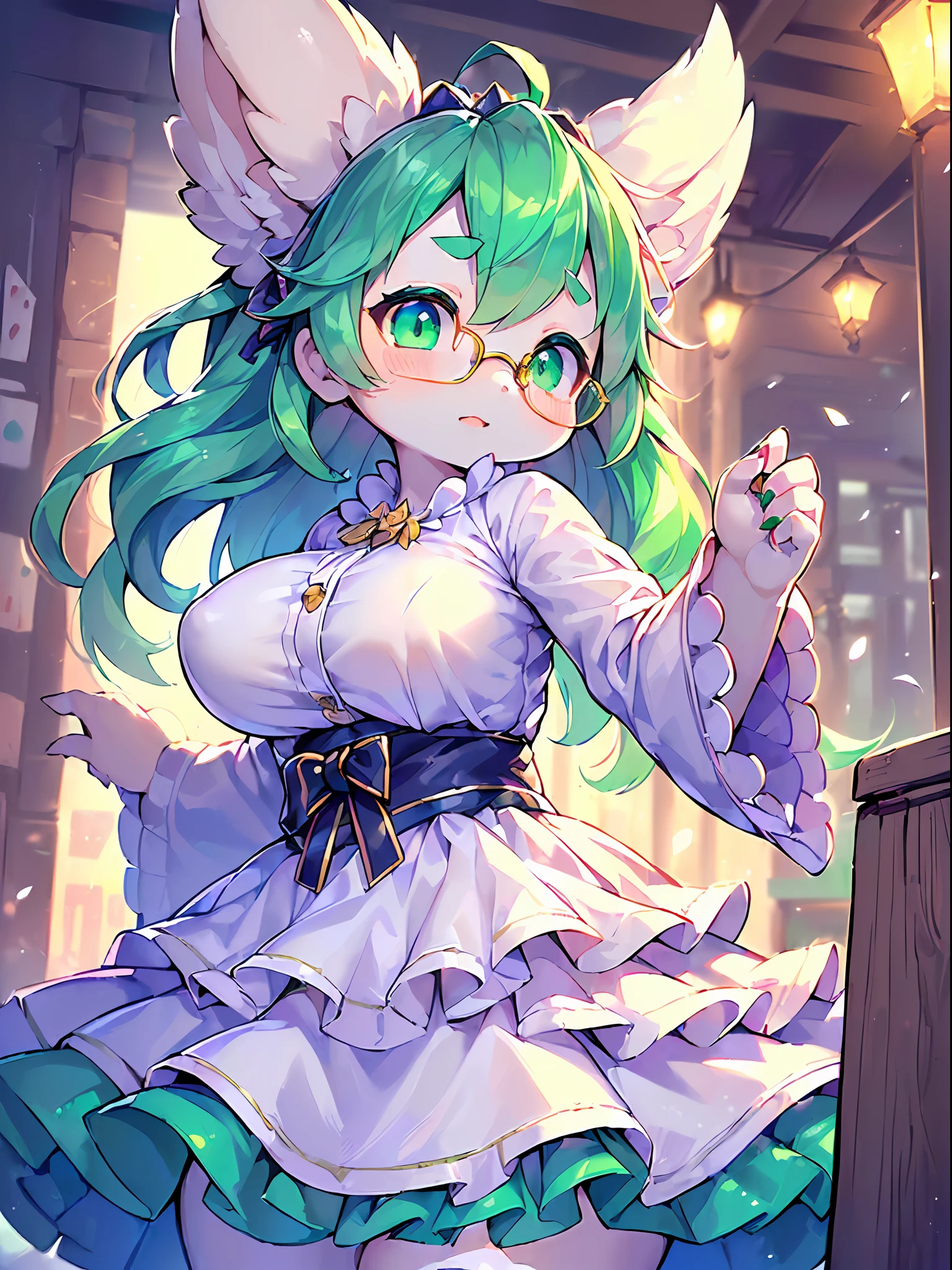 (masterpiece、Top image quality、Detailed eye highlights、masutepiece,Best Quality, Illustration,Beautiful detailed girl,Beautiful detailed glow, pixiv、8K high image quality:1.2)、(Emerald hair、white body hair, one girls、独奏:1.5)、(put on clothes、eye glasses、、5years old、Lori、ult gigantic tits、Young features:1.4)、Gentle、maternal、clever、Seductive facial expressions、(Gray Shadow Dress,Wide sleeves,Floral Print Sleeve,Gothic lolita,White skirt,layered skirts,White sleeves:1.1)、(Emphasize the face、Bring your face closer、scornful:1.3)
