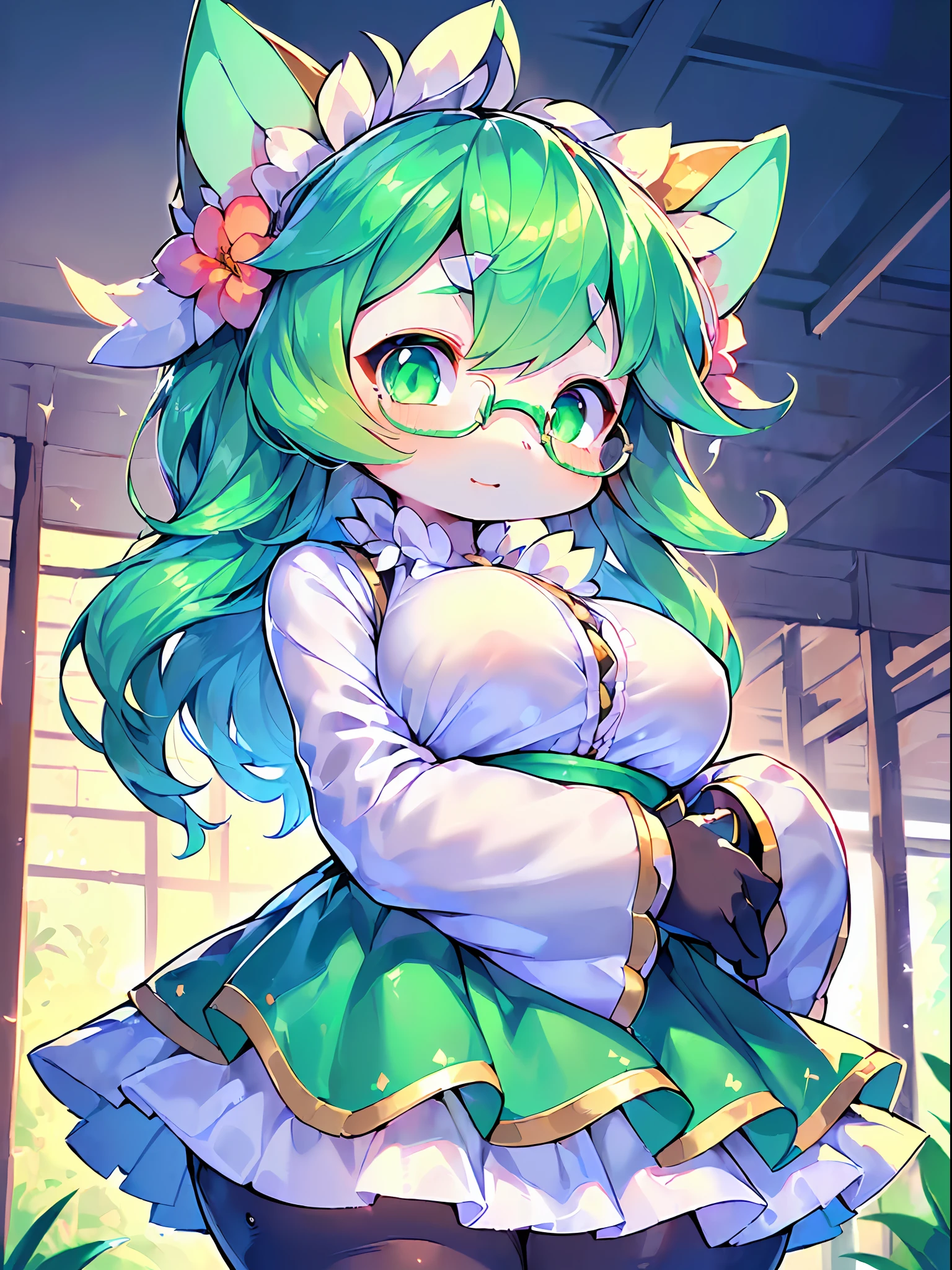 (​masterpiece、Top image quality、Detailed eye highlights、masutepiece,Best Quality, Illustration,Beautiful detailed girl,Beautiful detailed glow, pixiv、8K high image quality:1.2)、(Emerald hair、white body hair, one girls、独奏:1.5)、(put on clothes、eye glasses、elementary student、5years old、Lori、ultra gigantic tits、Young features:1.4)、Gentle、maternal、clever、Seductive facial expressions、(Gray Shadow Dress,Wide sleeves,Floral Print Sleeve,Gothic ****ta,White skirt,layered skirts,White sleeves:1.1)、(Emphasize the face、Bring your face closer、scornful:1.3)