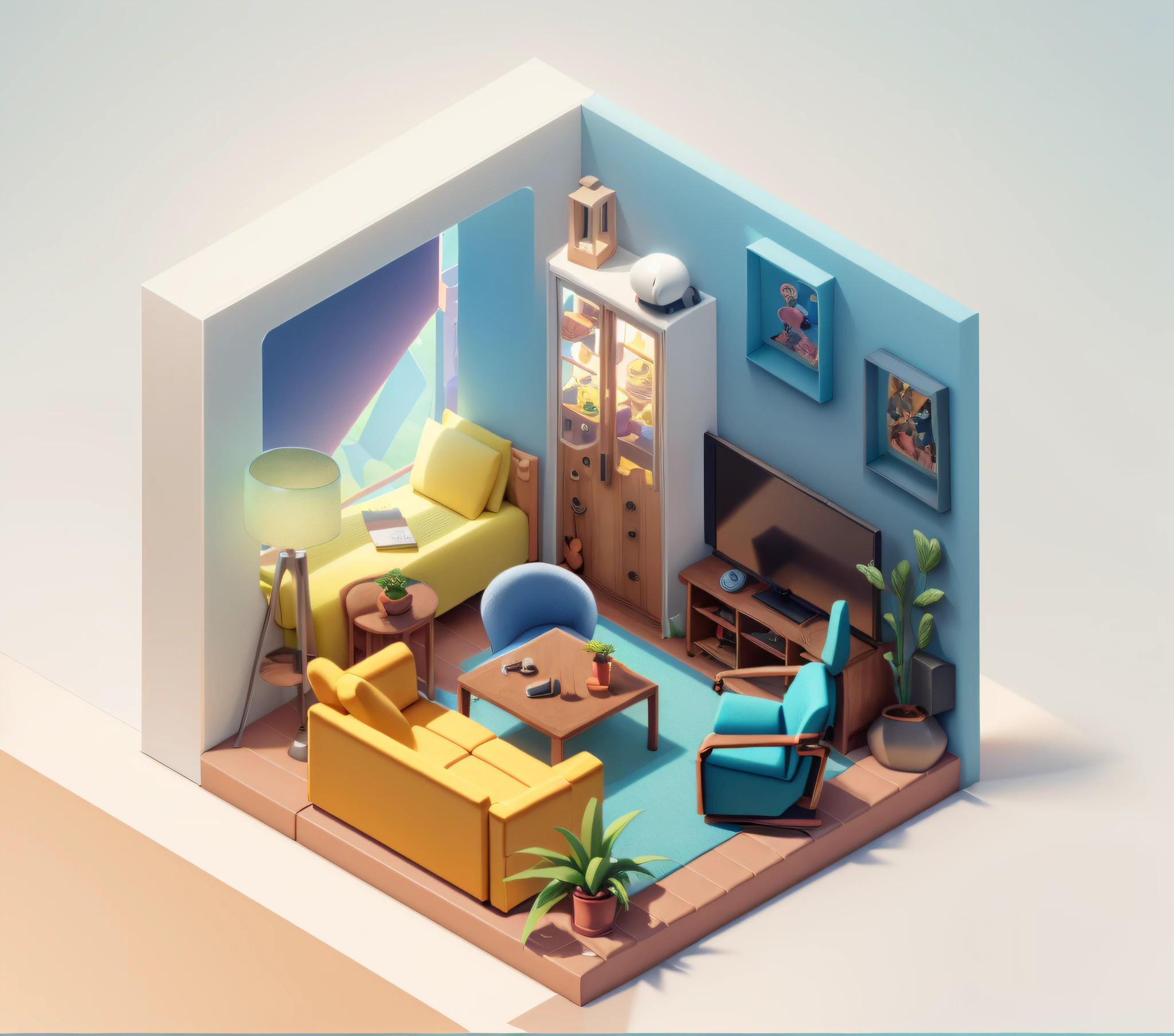 (Isometric perspective:1.5),(Pixar style:1.2), Room, bed, sofa,(small bonsai:0.8),desk lamp, TV, mural, 3D,Disney,Panoramic photo,White background, solid background,Global illumination, raytracing, modeling,HDR,octane render,unreal render,behance,dribbble,artstation,best quality, 8k,