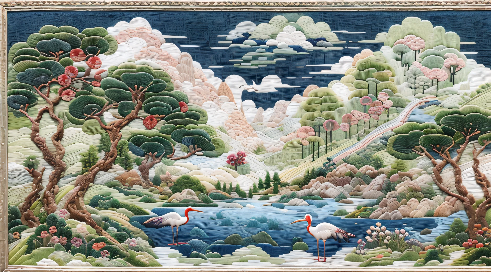 Needle point embroidery，（Cross-stitch landscape，Embroidered landscape），Antique game scene design，white crane，lotuses，waterfallr，A blue sky，White cloud，OC rendering of Chinese landscape painting