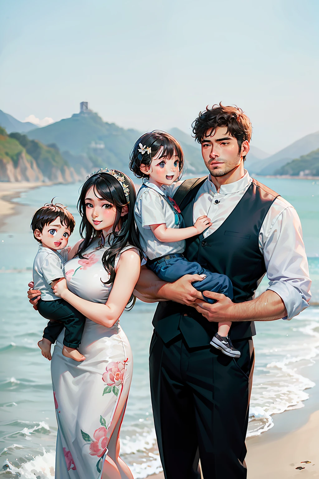 Family of three，The woman is chubby and good-looking，The man is tall and handsome，The  boy is super cute，Seaside scenery China