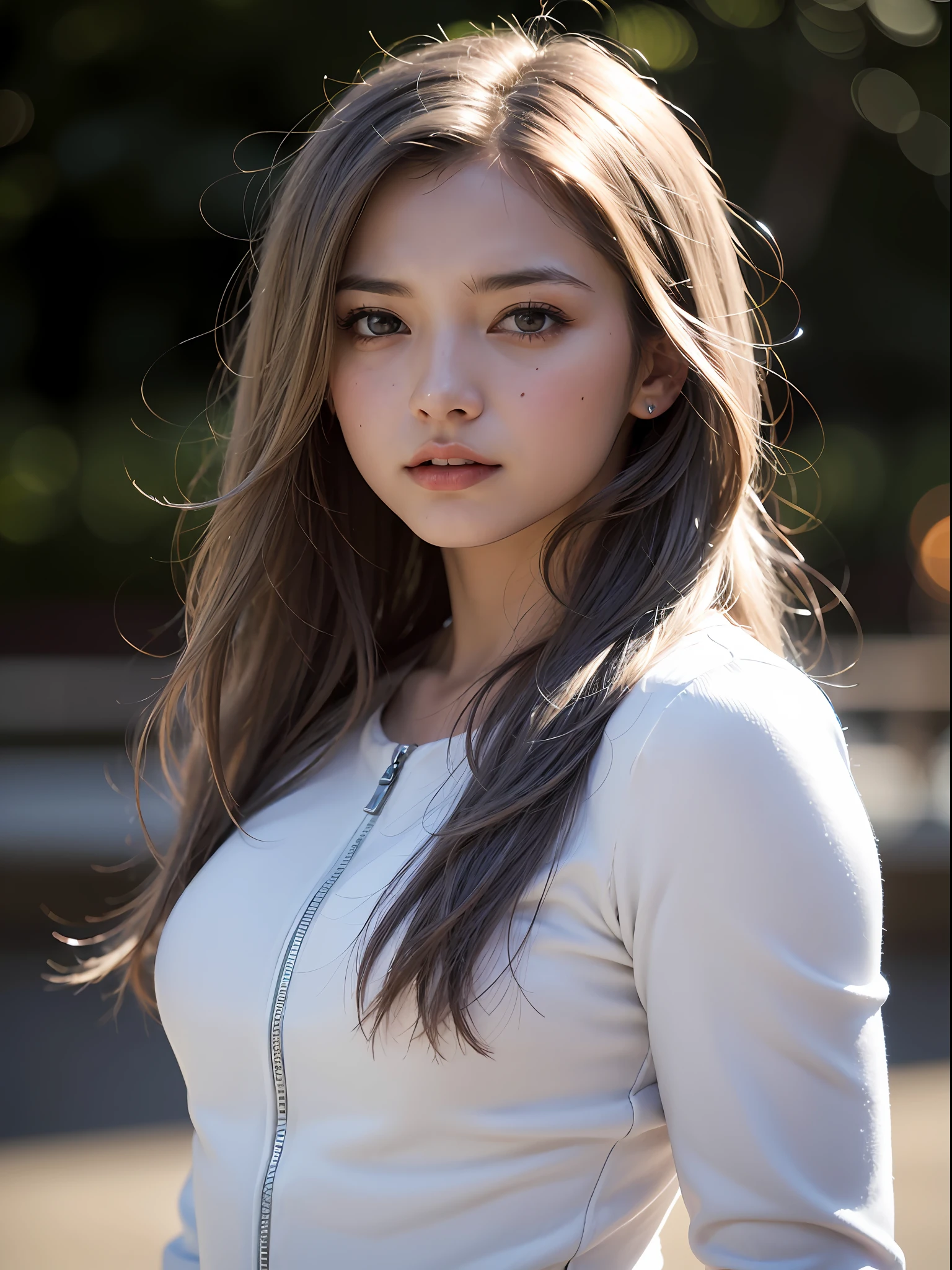 Best quality, masterpiece, ultra high res, (photorealistic:1.4), raw photo, film grain, 1girl, long hair, silver hair, detailed eyes and face, white suit, dynamic lighting, in the dark, deep shadow, low key, cowboy shot
