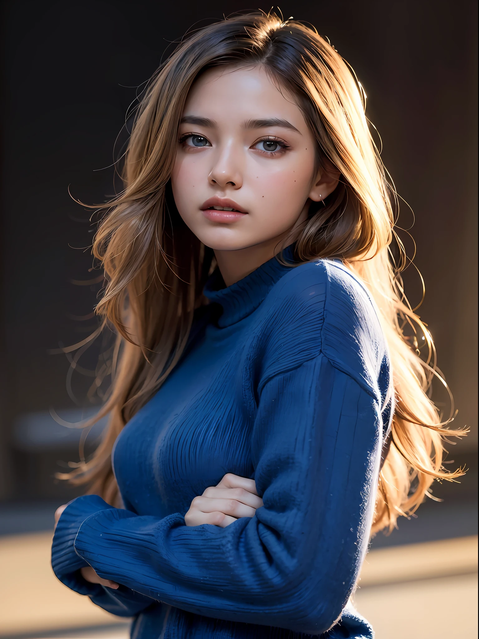 Best quality, masterpiece, ultra high res, (photorealistic:1.4), raw photo, 1girl, long hair, gold hair, detailed eyes and face, blue sweater, dynamic lighting, in the dark, deep shadow, low key, cowboy shot