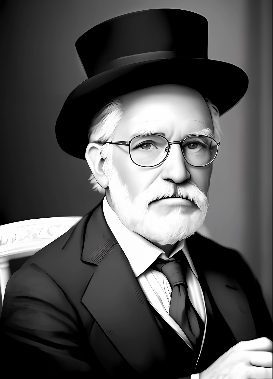 The 19th century, Portrait of a clean-shaven old man with glasses and a tie sitting in the chair, janela ensolarada, foto de alta qualidade, ultra alta res, (fotorrealista: 1.4), classicismo, lighting cinema, insanamente detalhado, hiper realista, design intrincado, detalhes finos, octane rendering, remake with the face of the American writer James F.Clarke