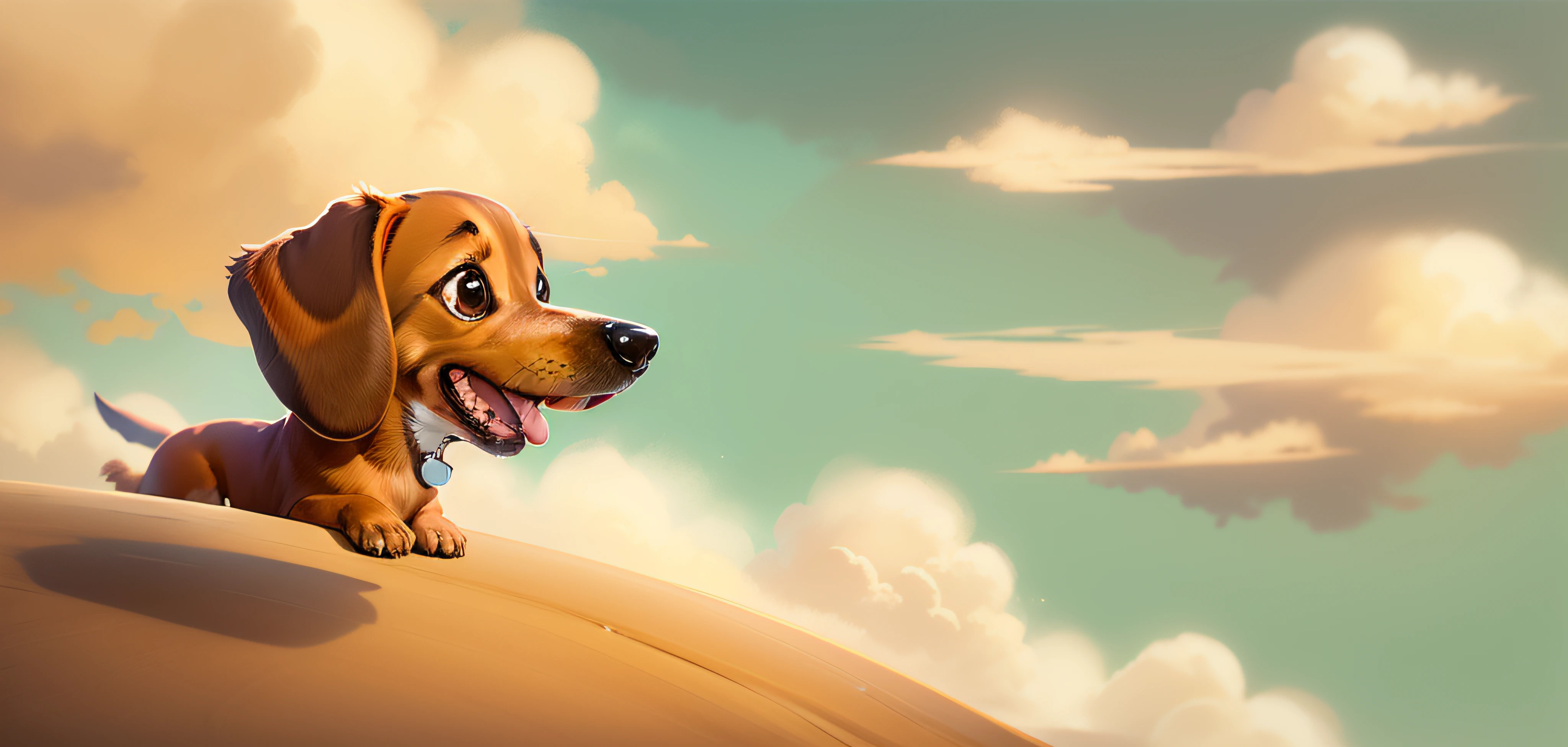 Brown Dachshund Mascot Happy Dog in Dogs Sky, bucolic scene