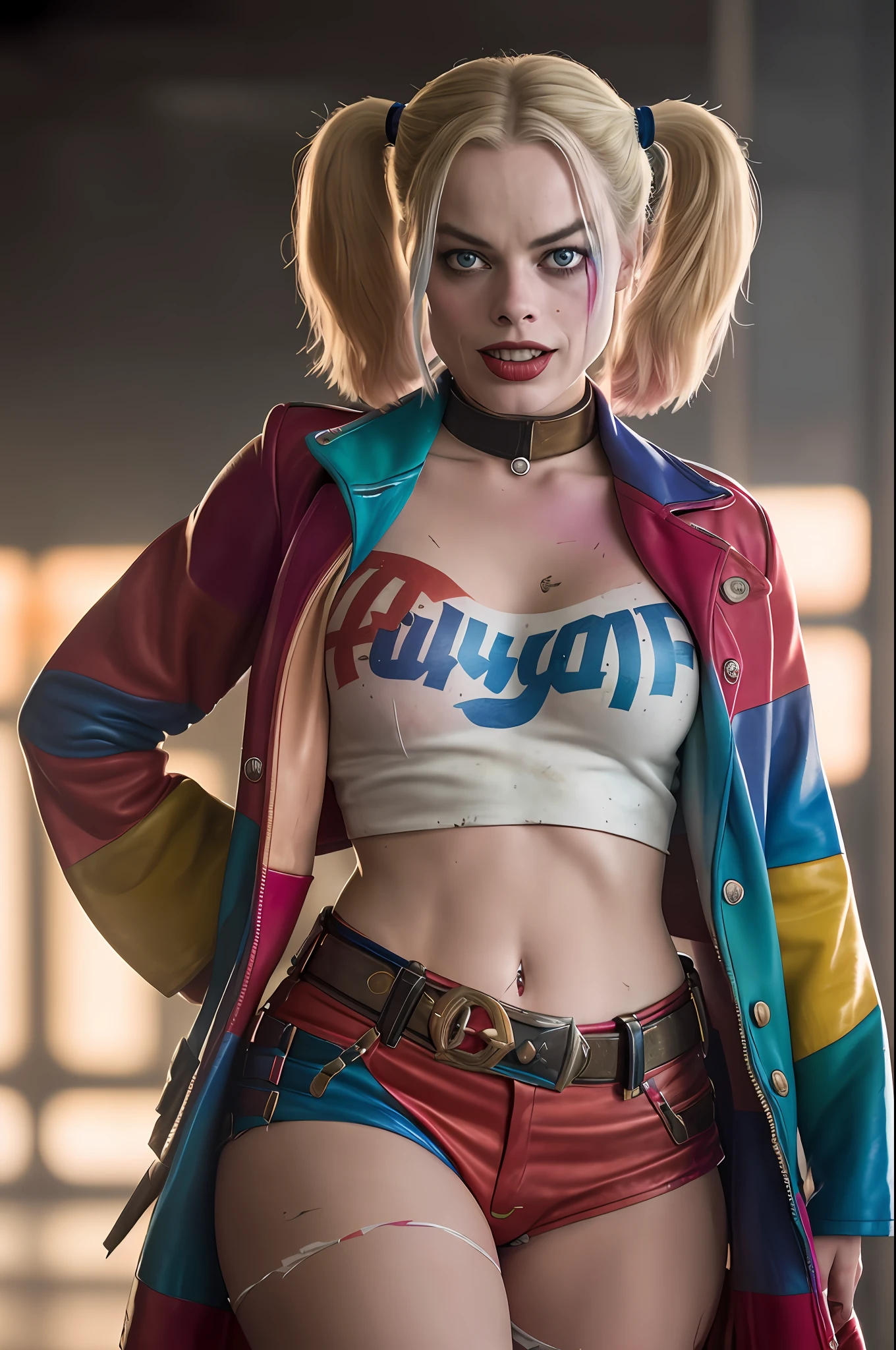 margot Robbie as Harley Quinn in Suicide Squad, full body, soft lighting, dynamic angle, realistic lighting, photo by Robert Adams, (natural skin texture, hyperrealism, soft light, sharp: 1.2), (intricate details: 1.12), hdr masterpiece, best quality, (highly detailed photo: 1.1), 8k, photorealistic, (SFW)