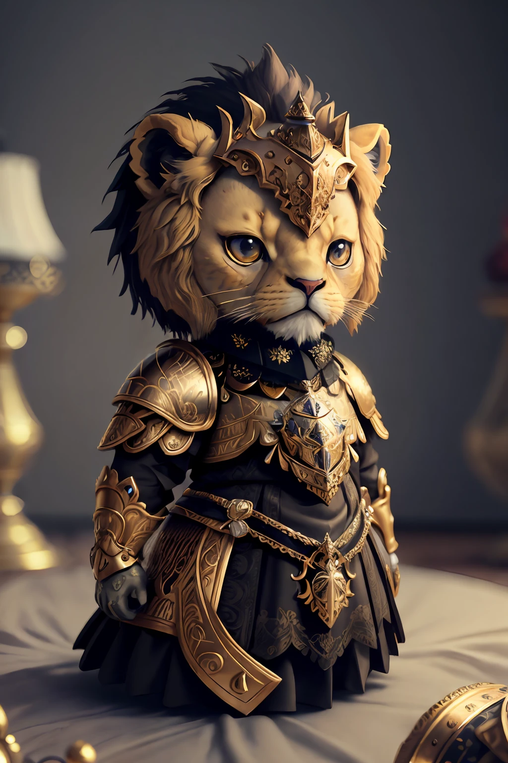 3dcreature cute lion wearing knight armor with detailed floral ornament, 1boy, big eyes, chibi, Photorealistic, Hyperrealistic, Hyperdetailed, analog style, hip cocked, demure, low cut, black lace, detailed skin, matte skin, soft lighting, subsurface scattering, realistic, heavy shadow, masterpiece, best quality, ultra realistic, 8k, golden ratio, Intricate, High Detail, film photography, soft focus