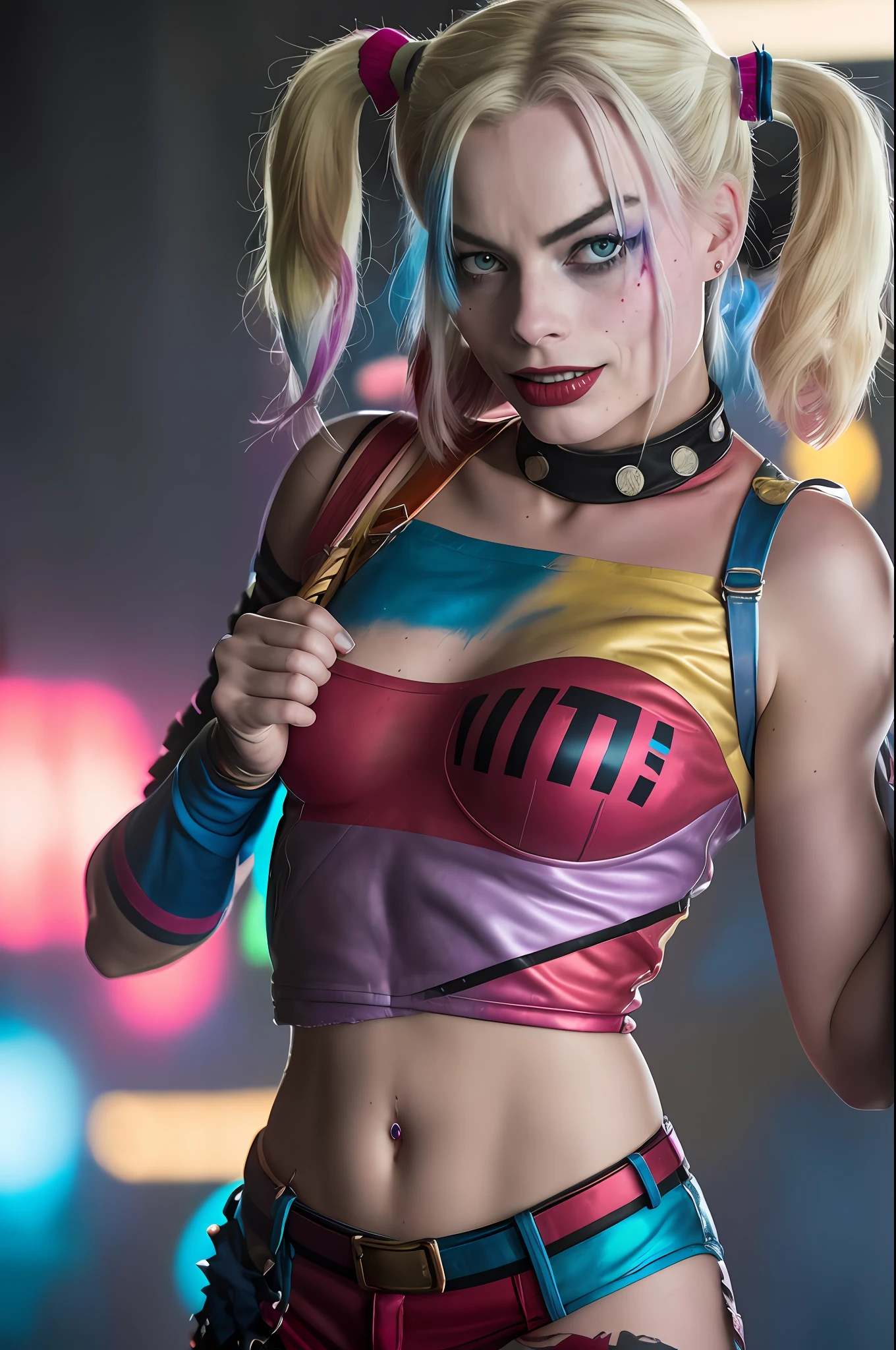 margot Robbie as Harley Quinn in Suicide Squad, full body, soft lighting, dynamic angle, realistic lighting, photo by Robert Adams, (natural skin texture, hyperrealism, soft light, sharp: 1.2), (intricate details: 1.12), hdr masterpiece, best quality, (highly detailed photo: 1.1), 8k, photorealistic, (SFW)