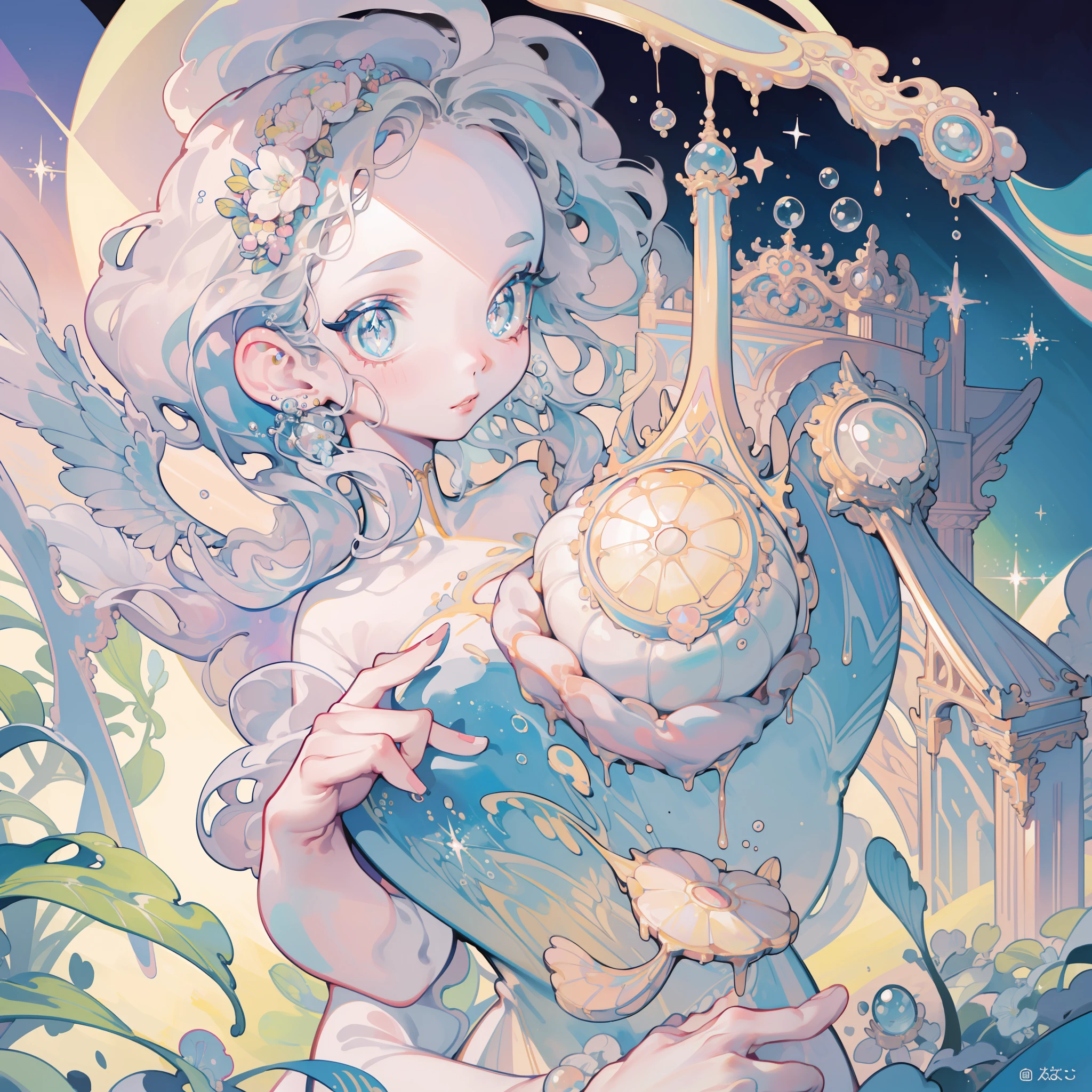 masterpiece, best quality, 8k resolution, sharp focus, intricate detail, beautiful girl, sparkling eyes, golden ratio face, otherworldly liquid, watercolor, ((pastel colors)), bright colors, whimsical, colorful, sharp focus, high resolution, fine detail, intricately detailed layered ballgown, ((round eyes)), iridescent bubbles, castle landscape in background