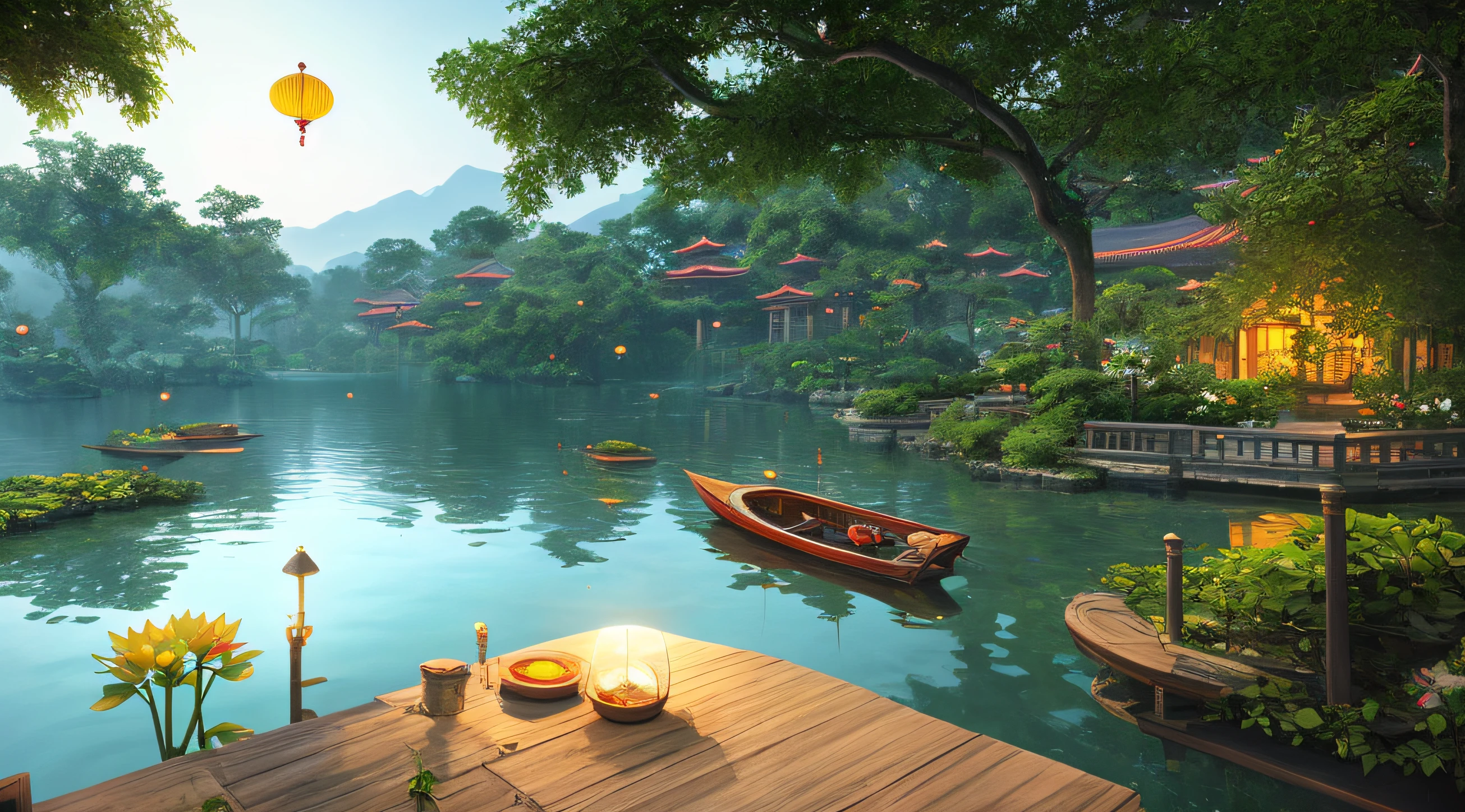 offcial art、Ancient China、Lotus Pier、Boat vista lotus lotus lotus many lotus leaves（Lots of fireflies）、（the night）、（themoon）、lamplight、lindo cenario、epic landscapes、Luzes Realistas、tmasterpiece、high high quality、Beautiful graphics、high detal、globalillumination、unreal engine rendered，Octane rendering，（hdr：1.3）The lotus has no empty boundary