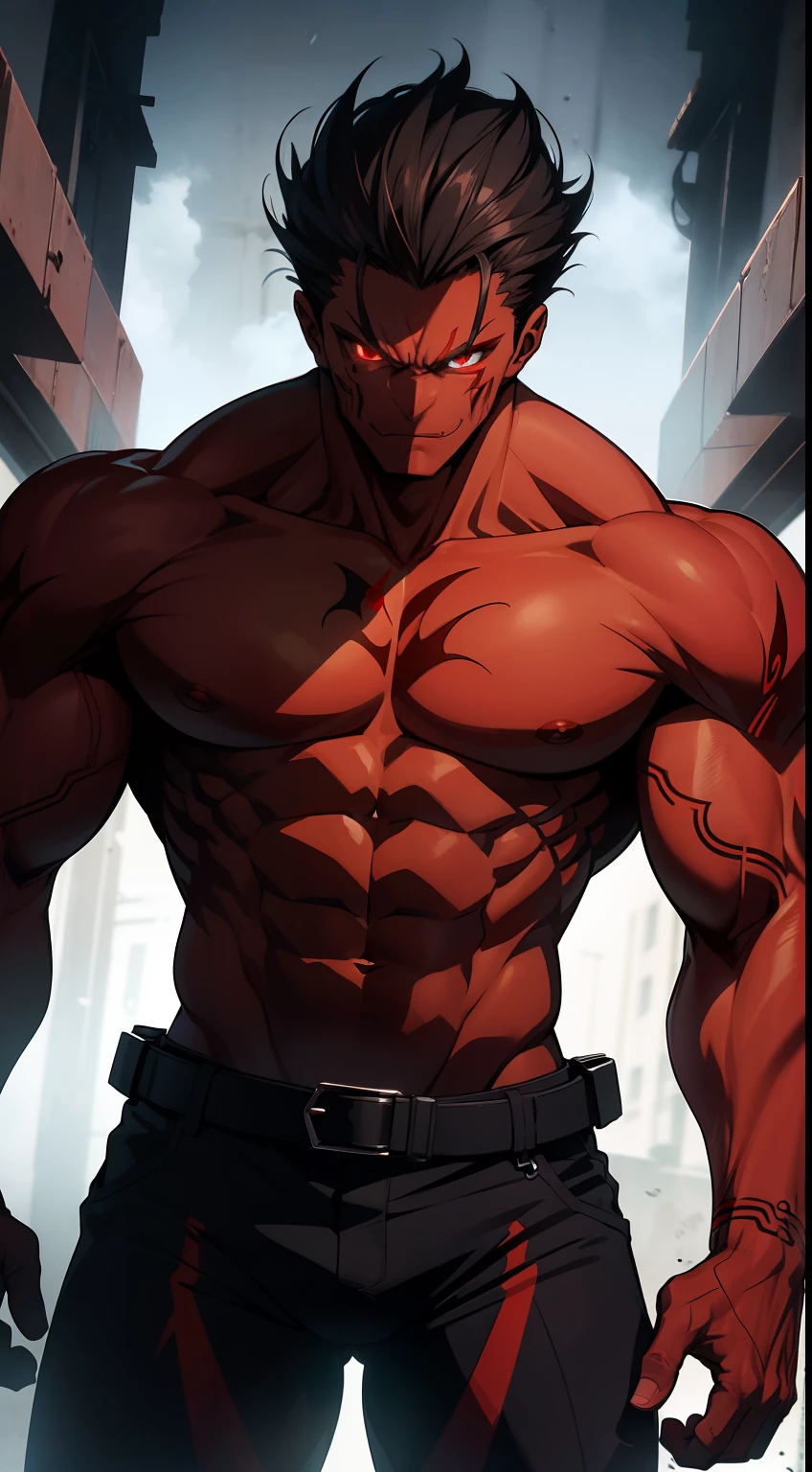 shadow humanoid monster with red details on his body, strong muscles, shadow aura, anime style