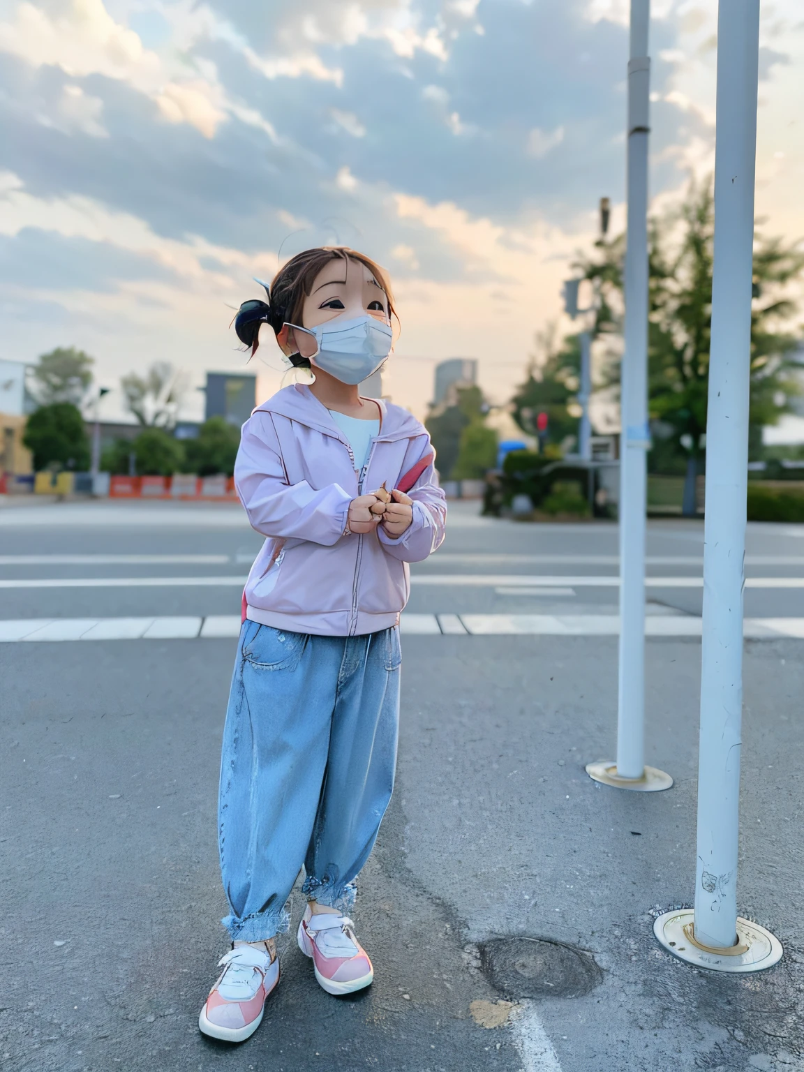 A  wearing a mask stood on the street, taken with canon eos 5 d mark iv, standing in a parking lot, shot on iphone 1 3 pro max, taken with sony alpha 9, Wearing a mask, wearing face mask, taken on iphone 1 3 pro, taken with canon eos 5 d, girl looks at the space, which stands on the street