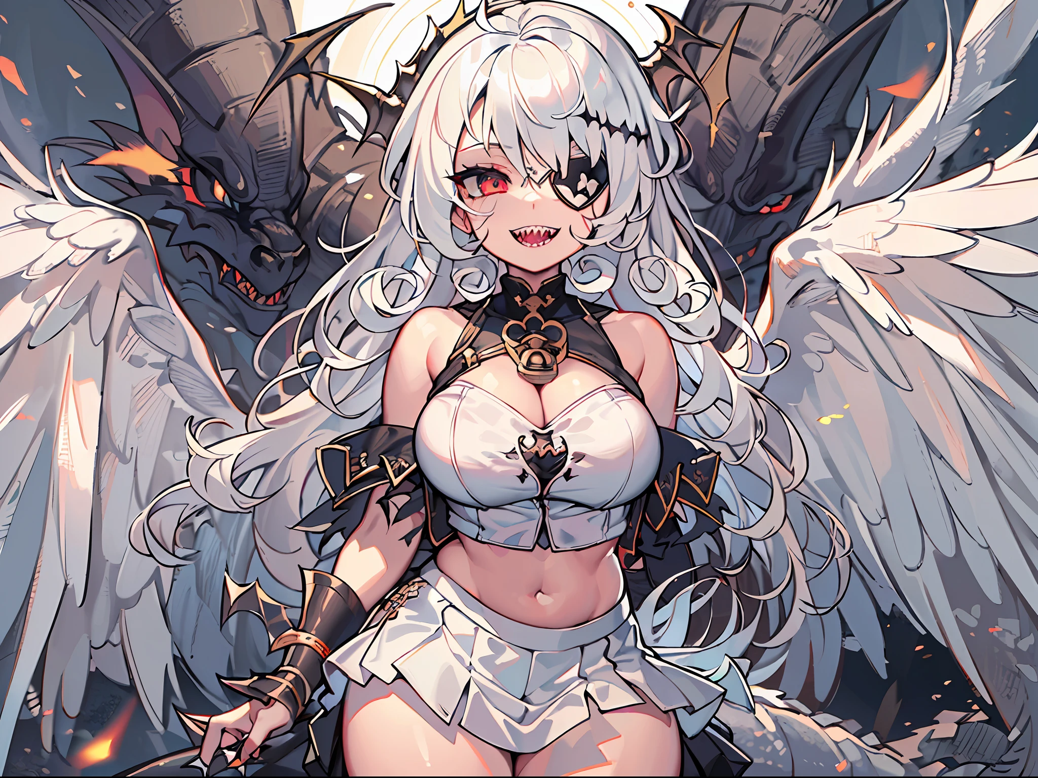 ((masterpiece)), best quality, white haired deity, ((angel wings)), pure black eyes, dark eyes, ((sharp teeth)), sharp smile, detailed eyes, striking eyes, ((detailed eye patch)), evil smile, creepy smile, (dragon eyes), thick lips, thick thighs, beauty mark, (((short skirt))), ((miniskirt)), ((huge breasts)), (curly hair), dragon,midriff