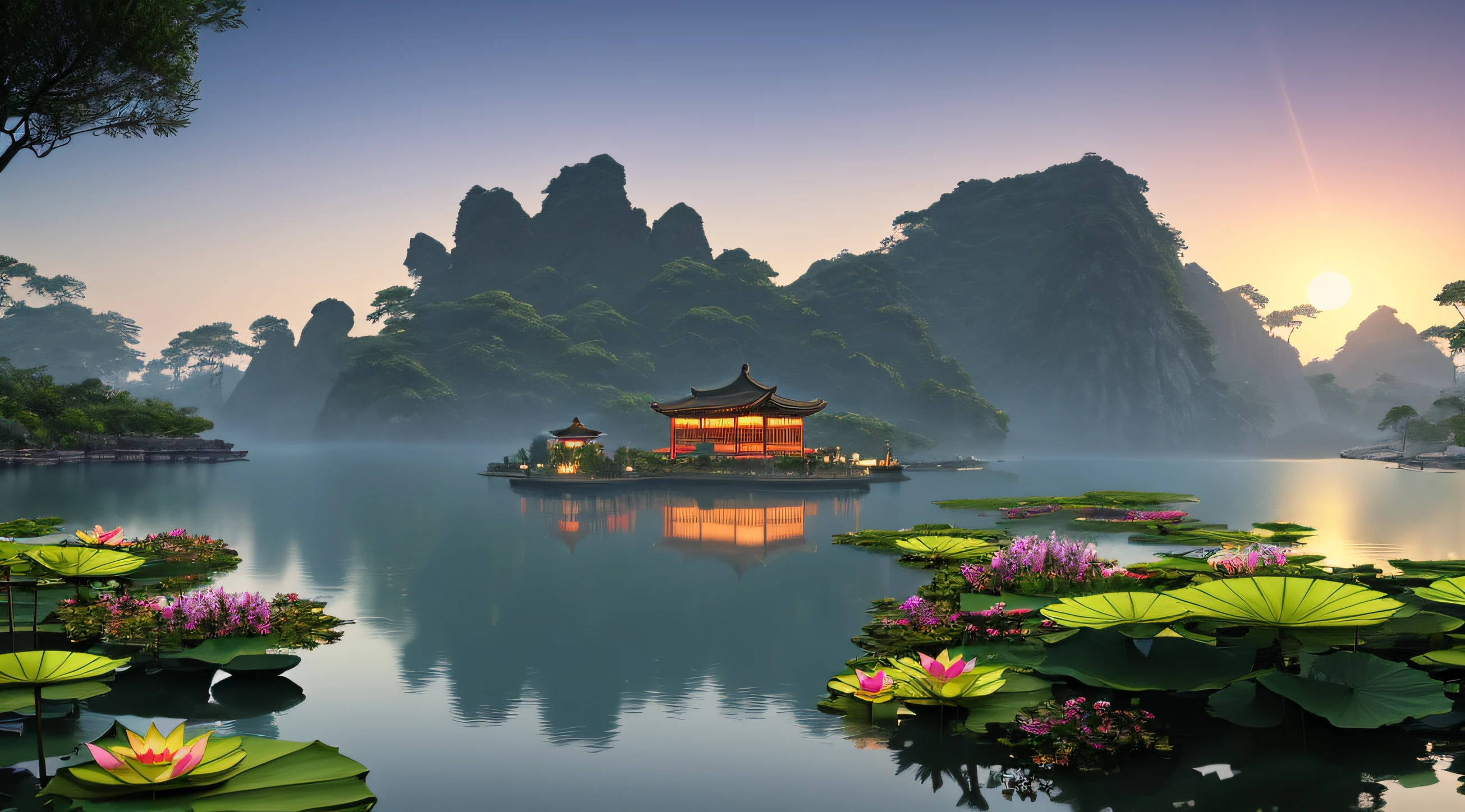 offcial art、Ancient China、Lotus Pier、Boat vista lotus lotus lotus many lotus leaves(Lots of fireflies)、(the night)、(themoon)、lamplight、lindo cenario、epic landscapes、Luzes Realistas、tmasterpiece、high high quality、Beautiful graphics、high detal、globalillumination、unreal engine rendered,Octane rendering,(hdr:1.3)The lotus has no empty boundary
