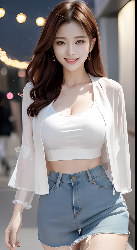 (8k, best quality, masterpiece:1,2), (realistic, photo-realistic:1,37), top quality, masterpiece, a beautiful woman, wearing a shirt for women crop v neck top white t-shirt korean fashion women t with a tight open gray color jacket, beautiful and toned body, cleavage, floral mini skirt, walking in the suburbs, slightly drizzling night background, in shops with Korean-style shop lights, night atmosphere, slightly wet asphalt, seductive smiles with dimples,