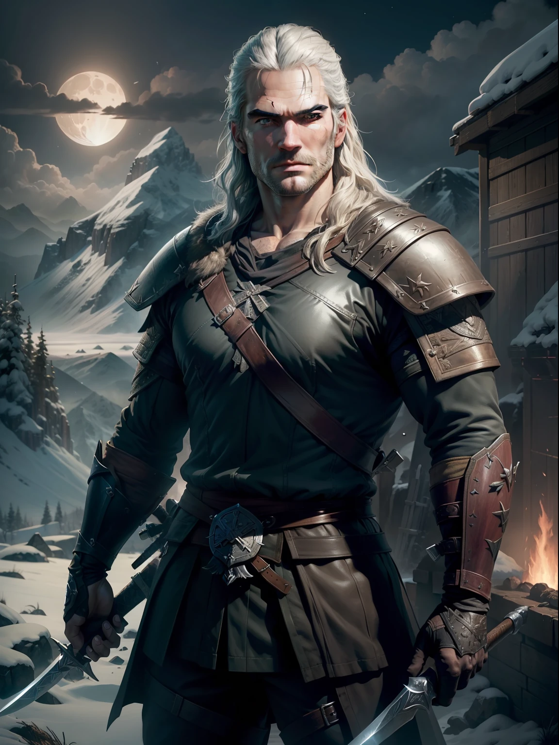 a realistic photo, swordsman (the switcher, Geralt, Henry Cavill), clearly face, rich detail, viking style, standing in on the left, pointing to the moon on the right, 1/2 moon, bright night, winter mountain, 4k, hdr, landscapes