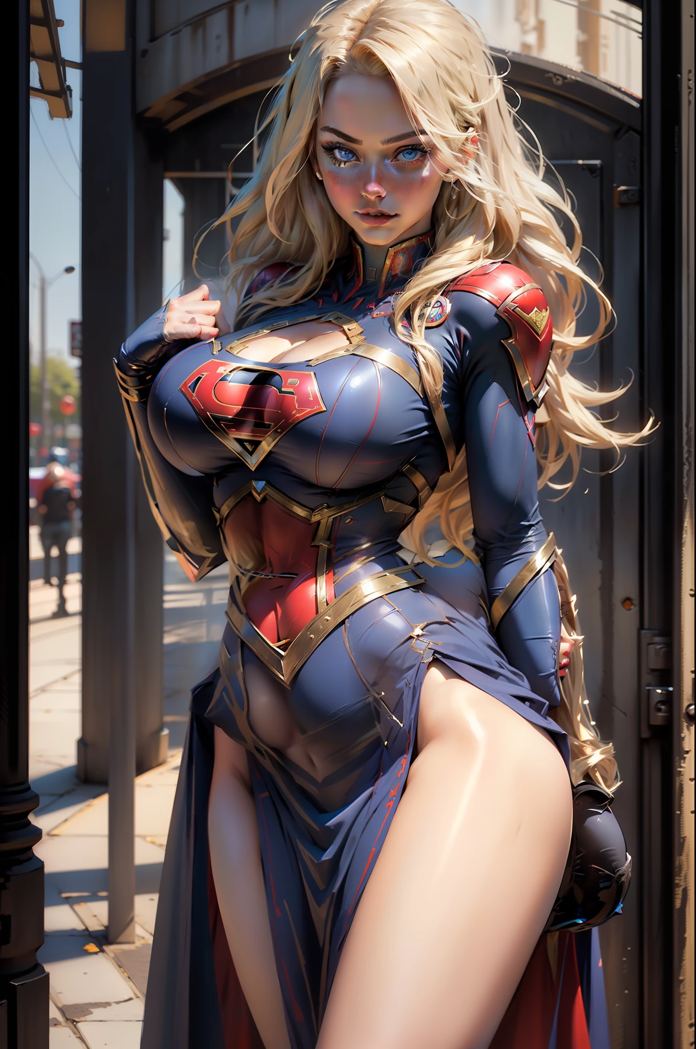 (Best quality)), ((Masterpiece)), ((Realistic)), ((Realistis)),(Detailed), Detailed face,supergirl Beautiful woman (20 years old, Long blonde hair, Blue eyes) Defined body, Detailed, using tube dress cosplay supergirl suite,(((Huge breasts)))