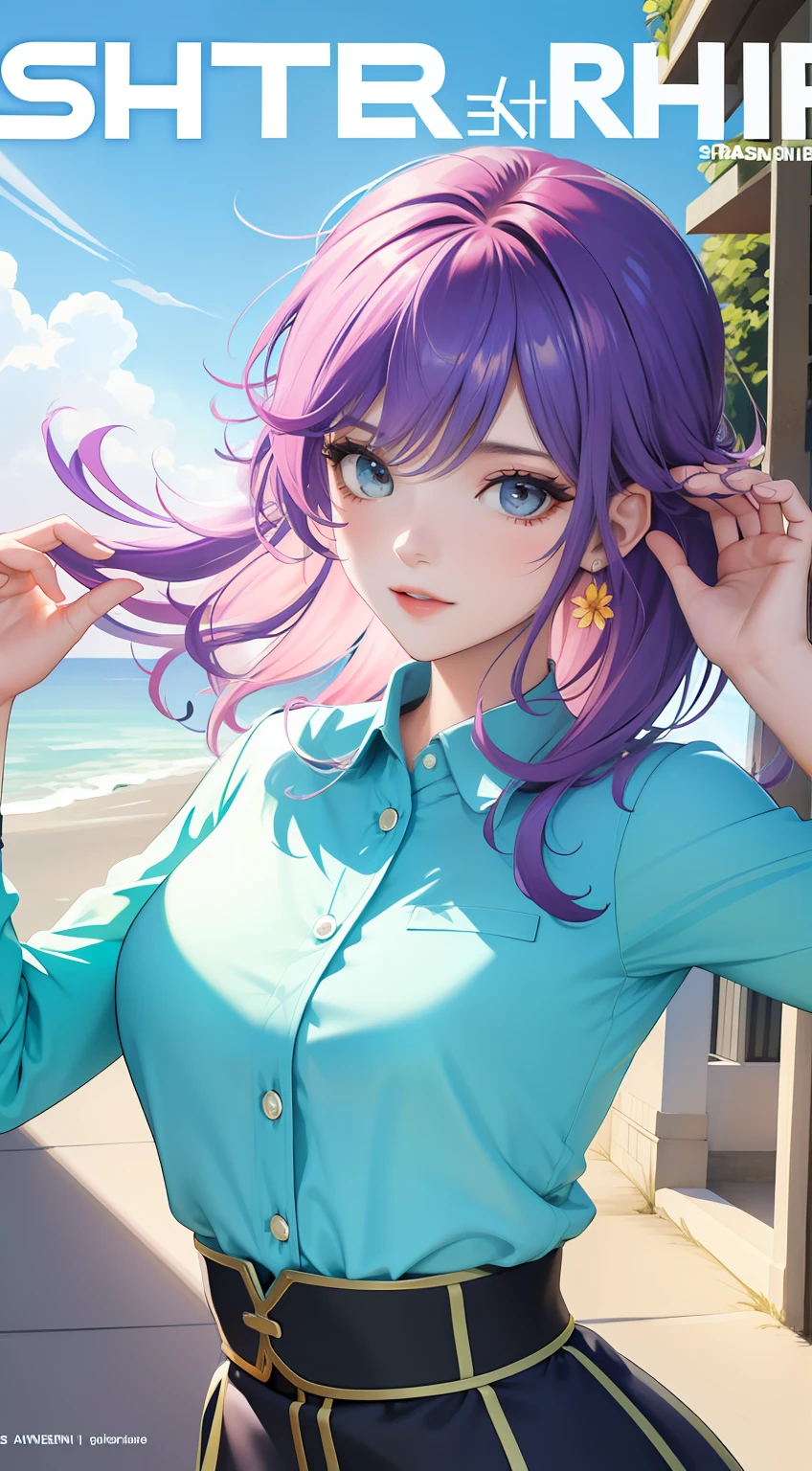 masterpiece, top quality, spring clothes, colorful hair, outdoor, fashion magazine cover, upper body, she will borrow