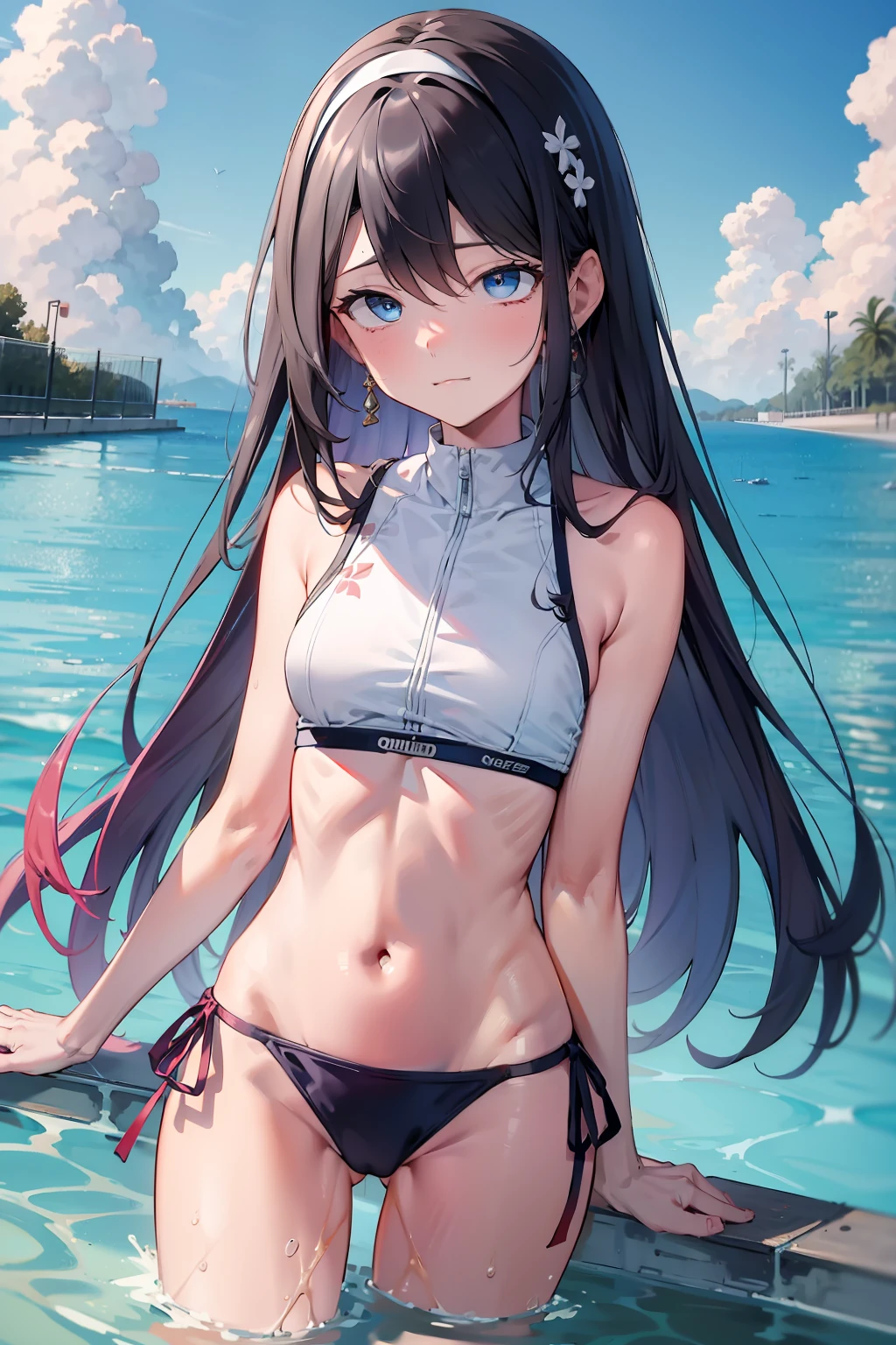 tmasterpiece，best qualtiy，tmasterpiece，best qualtiy，offcial art，the Extremely Detailed CG Unity 8K Wallpapers，traditional_Mediums，Kizi，，black hair band，long whitr hair，whaite hair，eBlue eyes，Small breasts，School swim wear，Expressionless，swimmingpool,low-tied long hair,straight on,Pupil of the slit