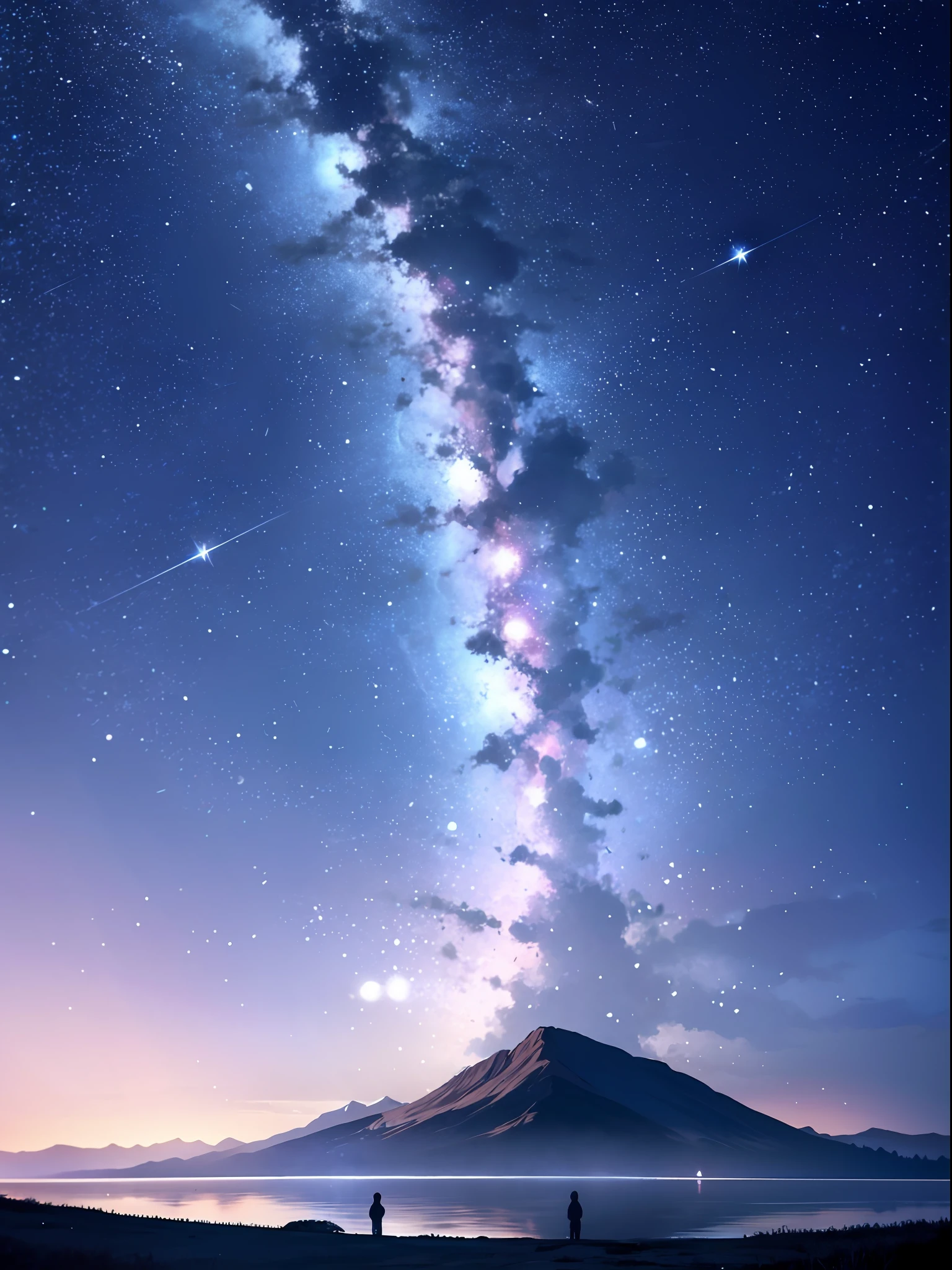 the night，Shining starry sky，Countless stars，Forest by the lake，Meteors flew by，birds in the distance，Lonely people，Look into the distance，Far Mountain，high qulity，Works of masters，high-class，4K Ultra Clear，A picture
