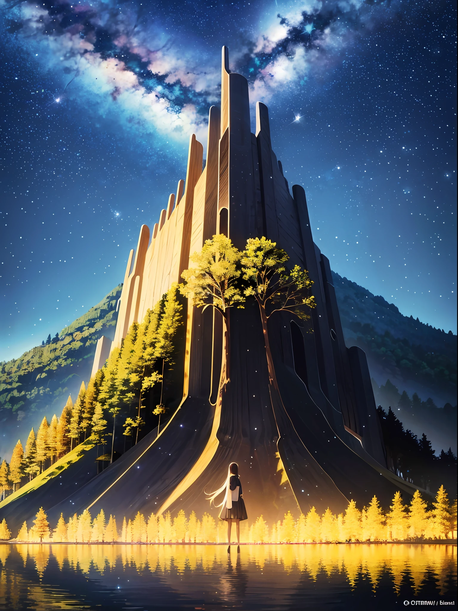 the night,Shining starry sky,Countless stars,Forest by the lake,Meteors flew by,birds in the distance,Lonely people,Look into the distance,Far Mountain,high qulity,Works of masters,high-class,4K Ultra Clear,A picture