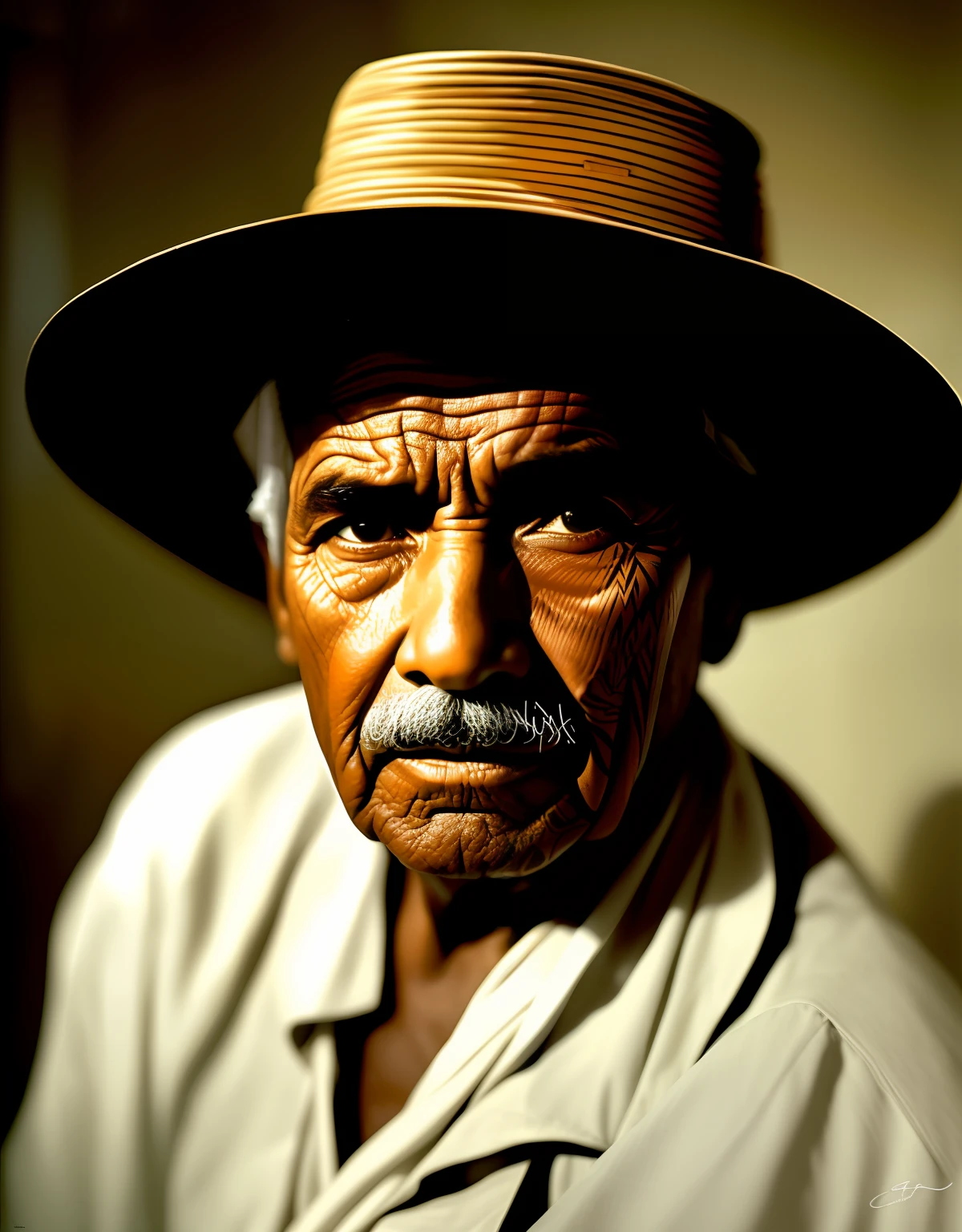 um retrato, fot apenas do rosto de um antigo vaqueiro do interior do nordeste do Brasil dos anos 90, de aproximadamente 65 anos, Tired countenance, rugas, with hut style leather hat, bela pintura com rosto altamente detalhado por greg rutkowski e magali villanueve, Trends in the Arts Station, foco nítido, Studio photo, detalhes intrincados, altamente detalhados, por greg rutkowski