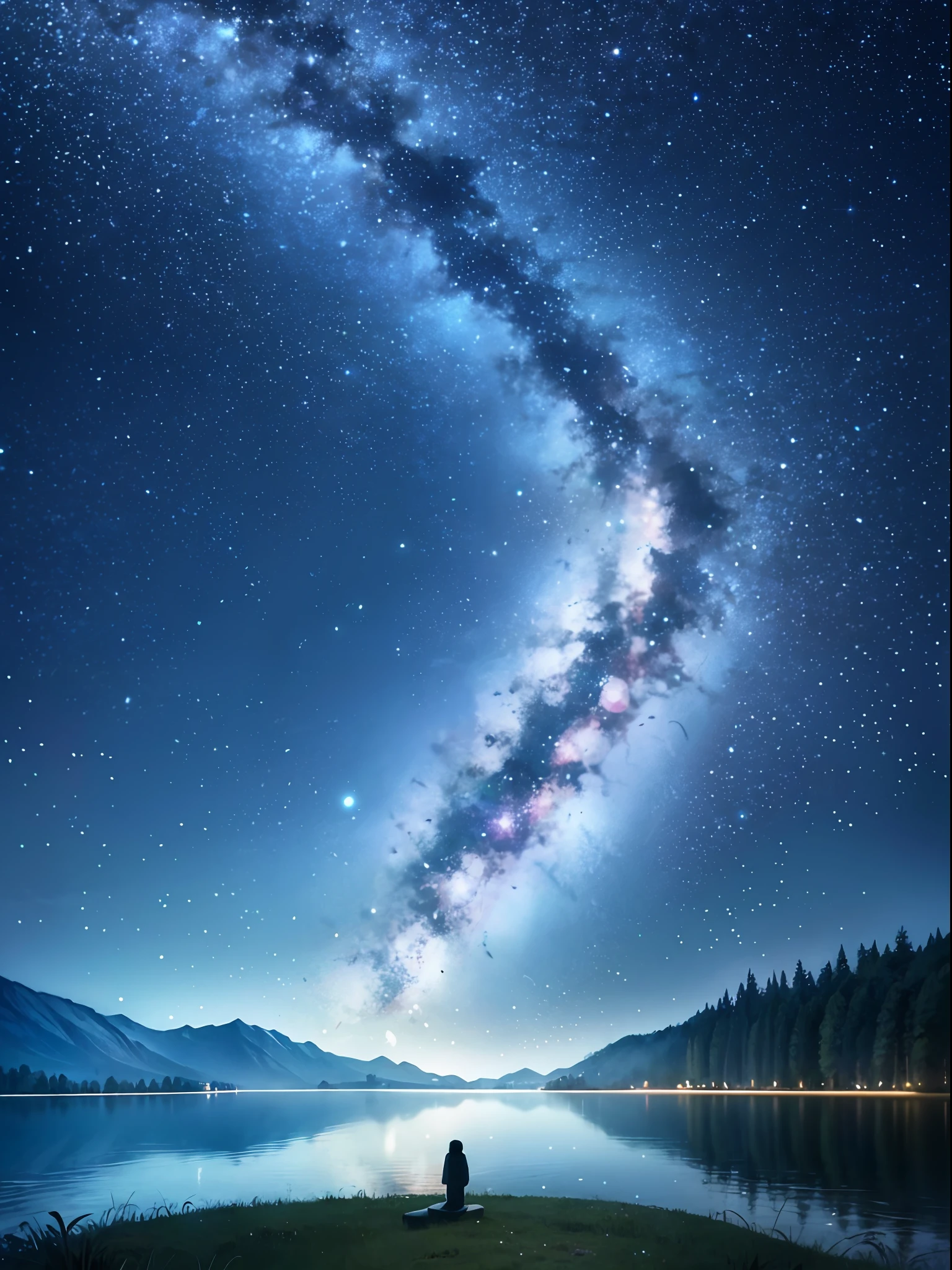 the night,Shining starry sky,Countless stars,Forest by the lake,Meteors flew by,birds in the distance,Lonely people,Look into the distance,Far Mountain,high qulity,Works of masters,high-class,4K Ultra Clear,A picture