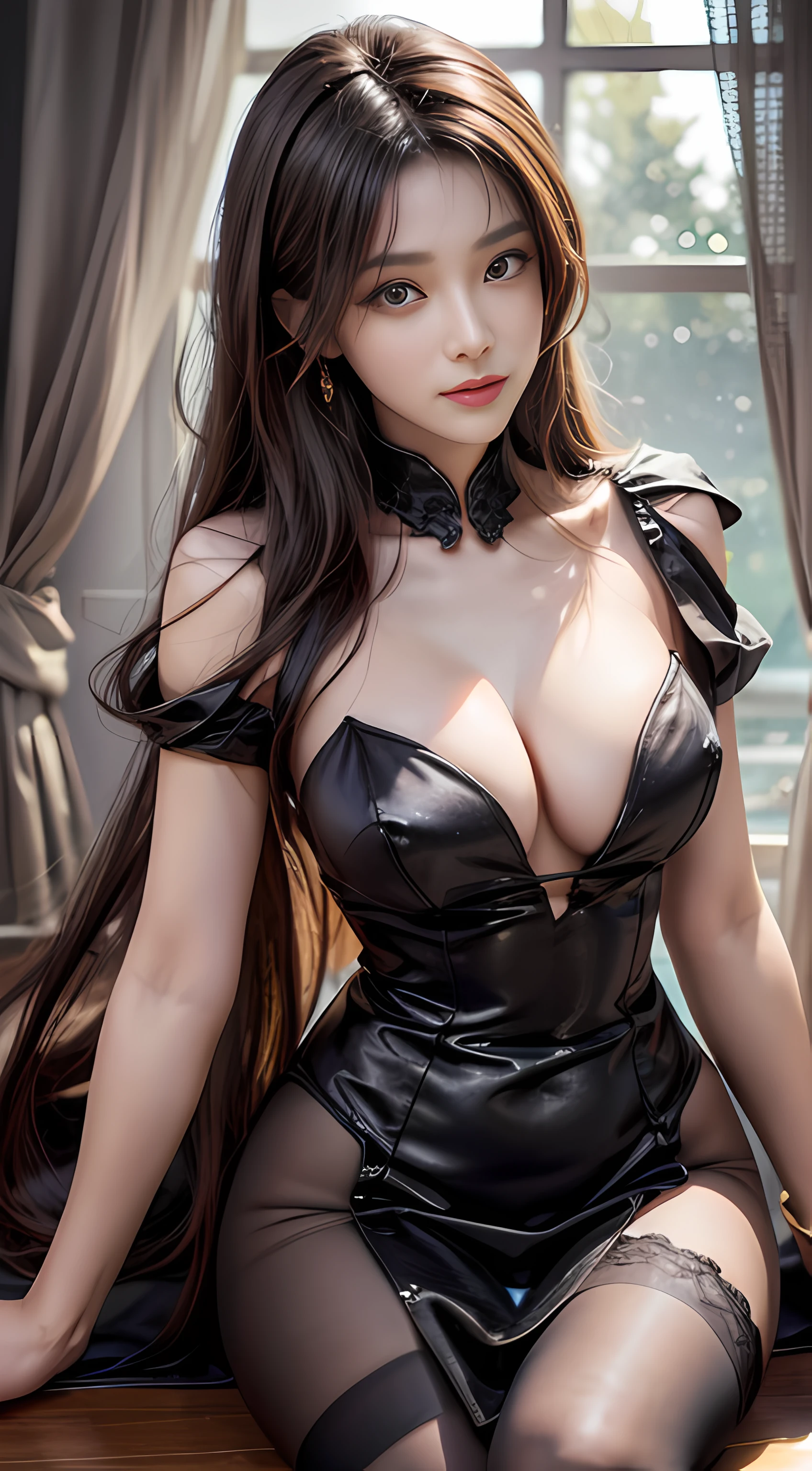 tmasterpiece,4K,Award-winning photos,extremely detaile,astounding,finely detailled,absurderes,Highly detailed woman,Dark brown emanates:1.8,Smiling,Extremely detailed eyes and face,Chinese beautiful woman:1.5,Wear loose evening dress:1.7,In the gorgeous living room:1.5,symetrical eyes,Large breasts,Photography 4 Kodak Portra 400 camera F1。6 kinds of colorful lenses,hyper realistic texture,Dramatic lighting on the IrrealEngine ArtStation Cinestill 800 tungsten lamp trend,High-waisted pantyhose:1.8