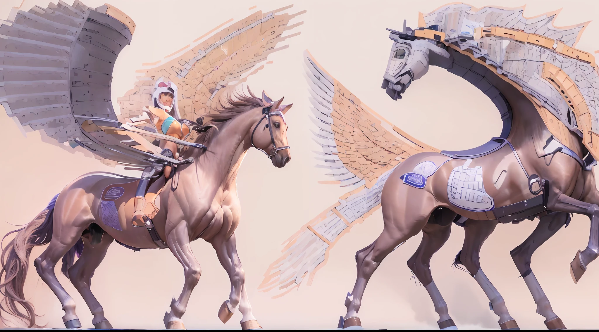 A female centaur，She is famous in the multiverse，She is both a female centaur, half human, half horse, half horse，It is also a female Yingzhao。She blends both images，The first is the head of a horse/neck/Shoulder these parts，After feminization，The upper body transforms into a beautiful female human，Female, half-centaur, half-human, half-horse, half-human，The second is the waist of the horse/hason/gluteal/Legs feminine，Female half-horse with beautiful woman's，Chimer，It's like a female human wearing a half-horse-like costume and making a seamless chimera，This chimerization is based on powerful futuristic technology。The ultra-wide-angle lens captures the image of her sleek and ethereal wings charging and leaping on the ionosphere。Her front half is distinctly feminine，Tall sexy body，Has K cup teardrop-shaped giant tit chest，It has a small man's waist butterfly spanning long legs，The half-horse part of the hind body，Embedded interface in the front half of the body hip position。The back half of her body is horse-shaped，Half-horse torso，The morphology is completely female and humanized，Start at the upper end of the sternum，Embedded in the lower back position of the beauty body，Sexy bent dog style shaped chest/lower back/Ventral transverse，Then there are the sexy beauty's upright hips，Her entire body has been completely feminized，Including the half-horse part，Mechanized armor covers the knee-shaped anti-joints and feet，And these parts are highly anthropomorphic，This gives her legs a graceful and slender line，She has four slender legs like a supermodel，Under the legs are skinny white feet dressed in Skyscraper Heels，Use Midjourney's advanced stroke tools and color palettes, as well as texture packs, model packs, and texture tools，Concentration，Femaleize all parts of her original equine physiologic appearance，And give these parts an ergonomic appearance，Fine treatment of the thoracic and abdominal cavity of the posterior body，As well as hips and legs，Tightly connected details