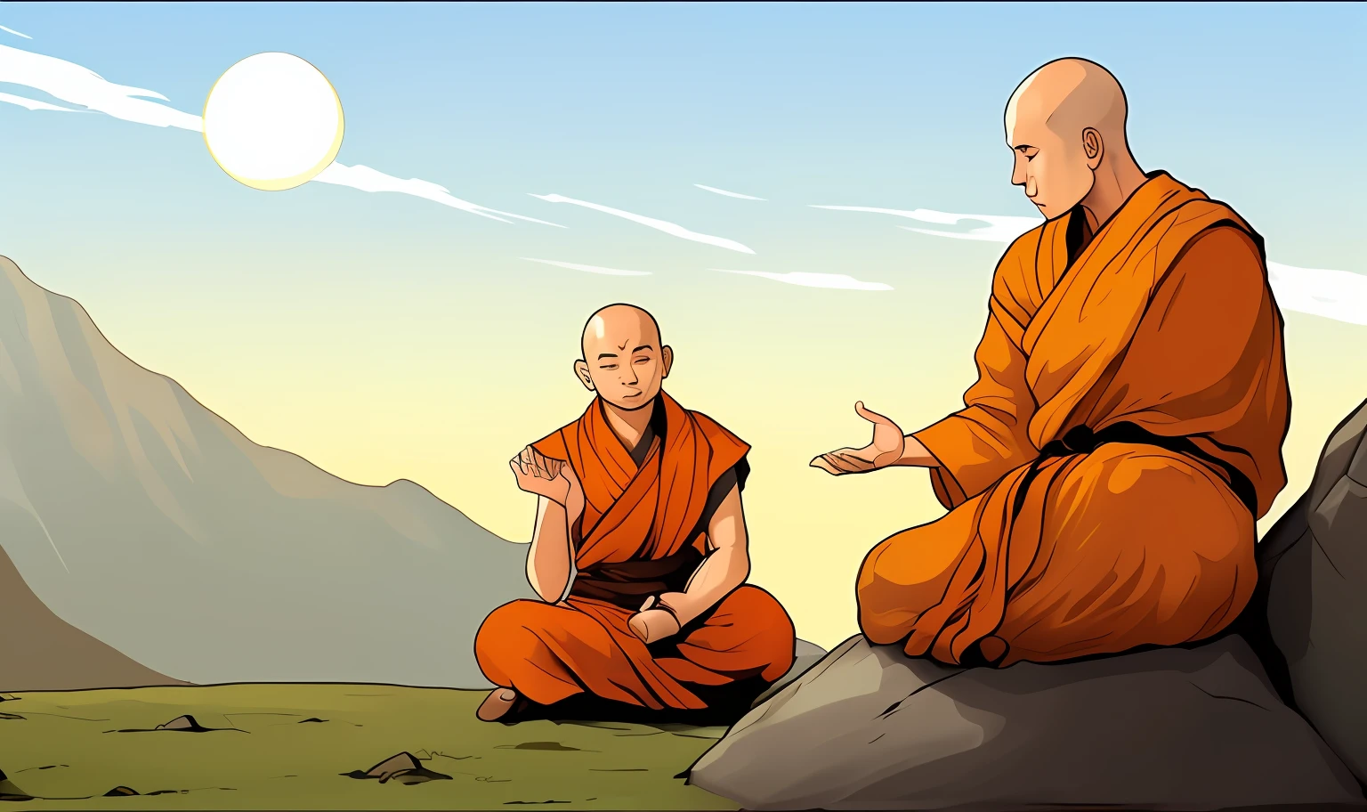 Two monks sitting on a rock in a mountain setting, 2 1 st century monk, Monges, monge meditar, Monge fisting, budismo, arte conceitual de um monge, wearing flowing robes, roupas de monge, Saltitar, monge, budista, Monges!!!!!!!!! fire, vestindo vestes marrons, Monge budista meditando, Buddhist monastery on Mars, vestindo vestes simples, Taoism, Meditando