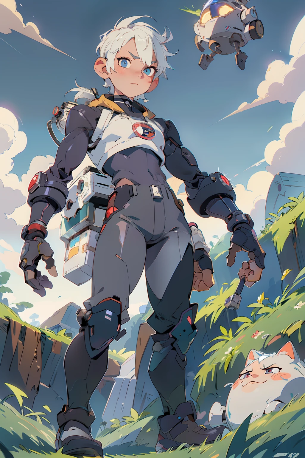 A lovely man、naughty eyes、with short white hair、full bodyesbian、Clear facial features、Amazing facial features,morden style,Technologie,Super complex design,Boots,(Robotic arm,mechs),grassy fields、steins,Game model,Stunning lighting,C4D,oc rendered,cinematic rim light,Fine light,tmasterpiece,super detailing,Epic composition,hyper HD,high qulity,32K