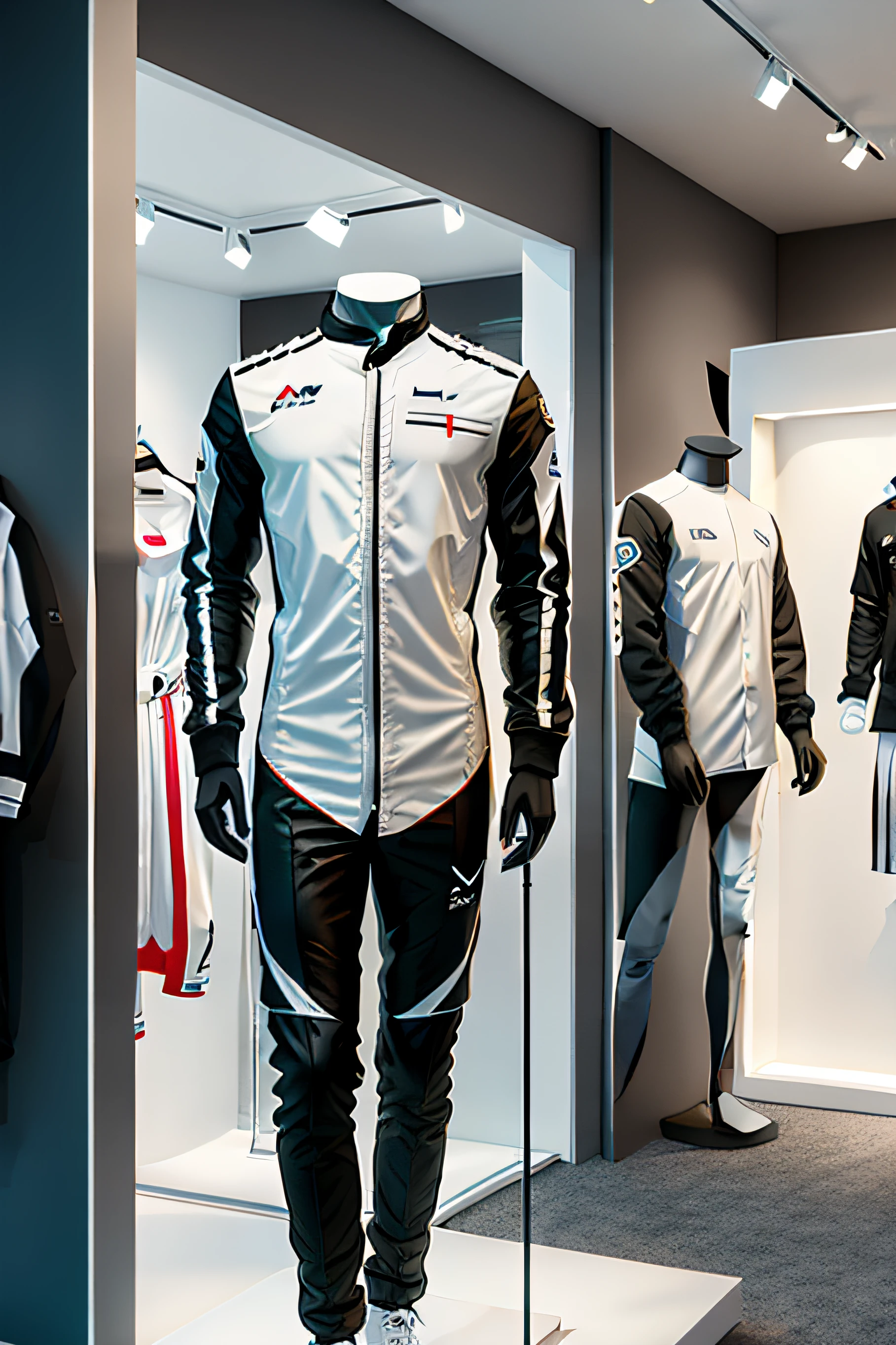 Clothing window design，Metal stand for bust model，Wearing a pure white racing suit，5 exhibit bases，White T-shirts are on display，White baseball cap，White sports bag，detailed wide shot, 360º, Highly detailed 4K award-winning, product design render, wide angle exterior 2022, Product rendering