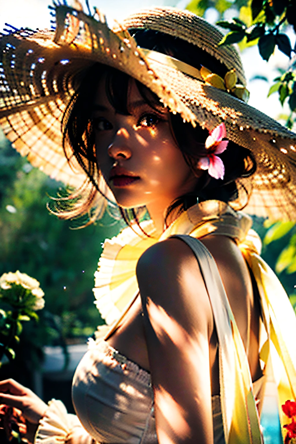 closeup cleavage,sface focus,Traditional style,Lateral face,1 girl surrounded by soft light,The light from the back window is backlighted,illuminating,Flowing fabric,Flower summer dress,Straw Hat Hat,tmasterpiece,realisticlying,HDR,highly detailed,8k,RAW photogr,Environmental occlusion,naturey,Harmonious composition,a warm color palette,fine art photography.