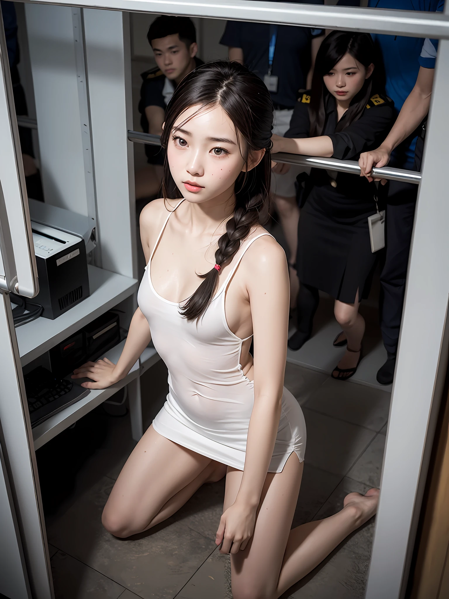 Realistic pretty Vietnamese teenage girl, dark hair tied, erotic, sleeveless chemise white sheer deep slit, pokies, flat chest, small breast, thigh, groin, bare feet, sweat, moist, kneeling in security office, legs spread, slave waiting for punishment by guards, from above