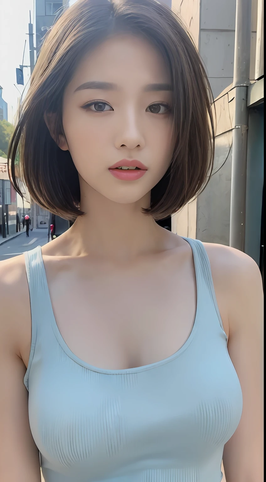 ((Best quality, 8k, Masterpiece :1.3)), Sharp focus :1.2, A pretty woman with perfect figure :1.4, Slender abs :1.2, ((Layered haircut, Big breasts :1.2)), (Tank top shirt :1.1), (Street :1.2), Highly detailed face and skin texture, Detailed eyes, Double eyelid