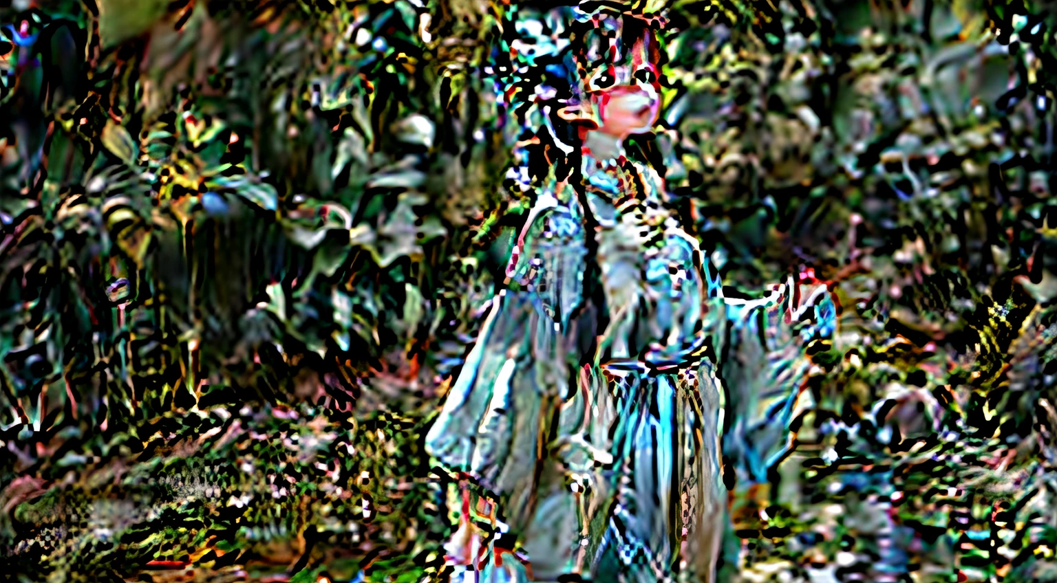 ((4k,masterpiece,best quality)), shuimobysim, traditional chinese ink painting, lotus, hanfu, maxiskit, dress conservatively 1girl, solo, long blue hair, smile, standing, feet in the water, barefoot,