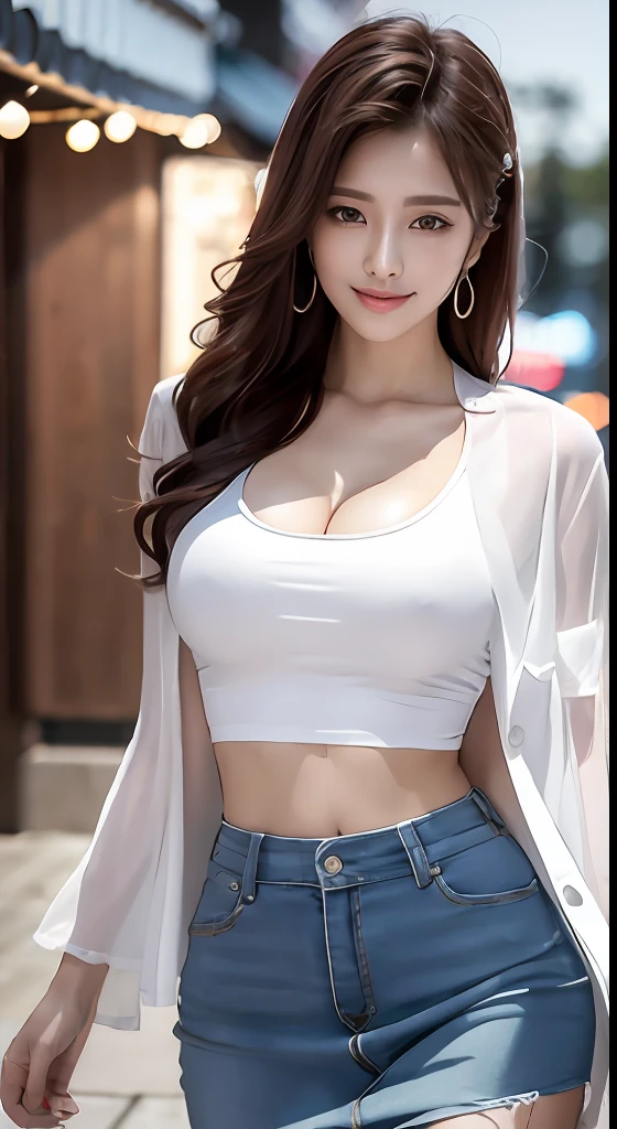 (8k, best quality, masterpiece:1,2), (realistic, photo-realistic:1,37), top quality, masterpiece, a beautiful woman, wearing a shirt for women crop v neck top white t-shirt korean fashion women t with a tight open gray color jacket, beautiful and toned body, cleavage, floral mini skirt, walking in the suburbs, slightly drizzling night background, in shops with Korean-style shop lights, night atmosphere, slightly wet asphalt, seductive smiles with dimples,