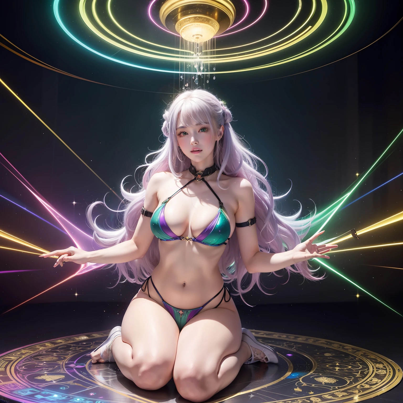 high image, super detail, high resolution, anime, manga, illustration, sit astride, straddling, wariza, yokozuwari, whole body hair skin everything is white, beautiful woman, ecstatic expression, amorous expression, seductive look, alluring moist half open lips, flowing layered messy half-up knitting hair style, sparkling green eyes, slender, full body, background Northern Renaissance style, fantasy, galaxy, magic circle, kaleidoscope, give off rainbow and gold neon light many lines radially from floor and ceiling, cyber punk, water droplets, splashes