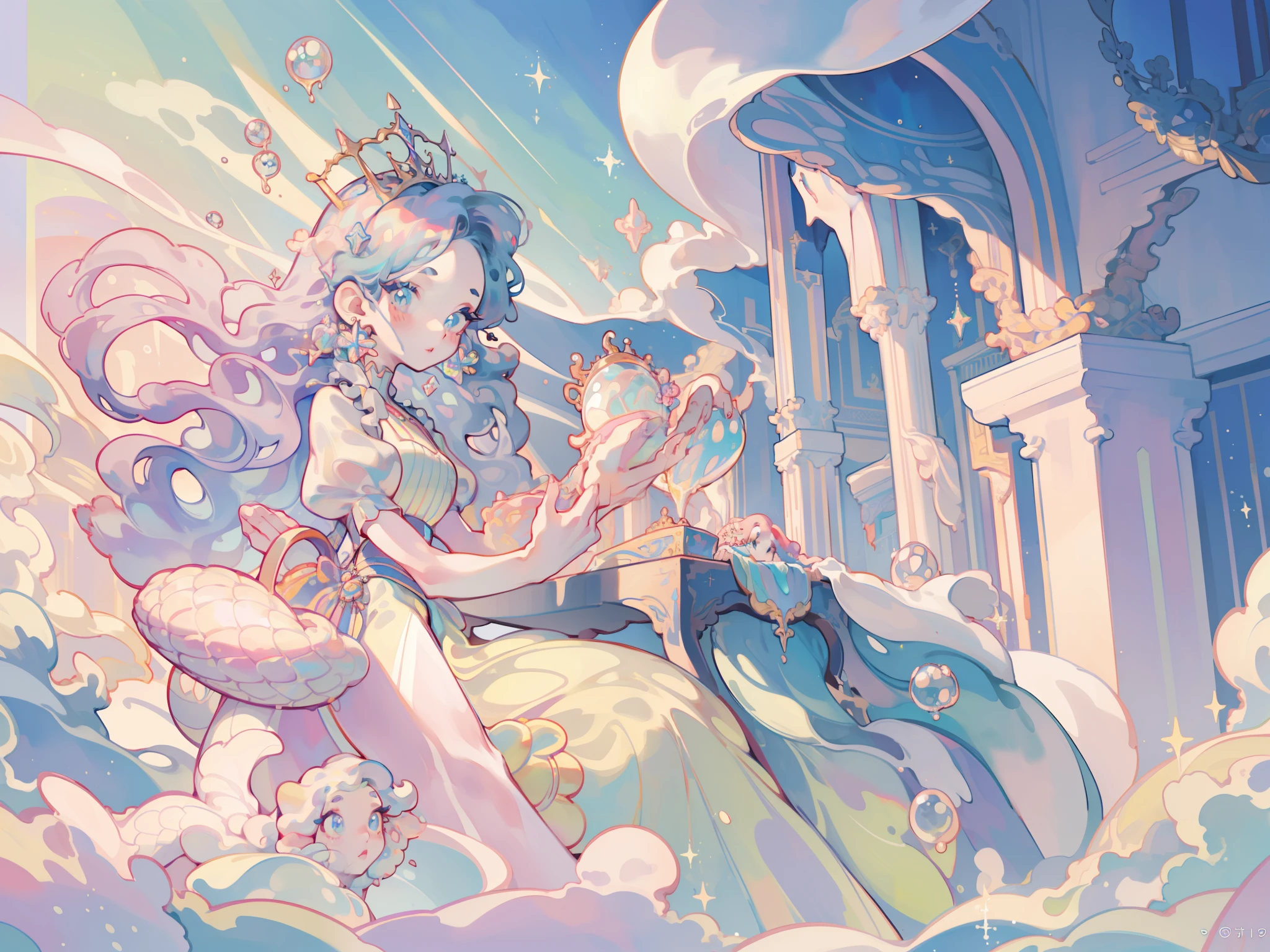masterpiece, best quality, 8k resolution, sharp focus, intricate detail, beautiful girl, sparkling eyes, golden ratio face, otherworldly liquid, watercolor, ((pastel colors)), bright colors, whimsical, colorful, sharp focus, high resolution, fine detail, princess fantasy ballgown, ((round eyes)), iridescent bubbles, castle landscape in background