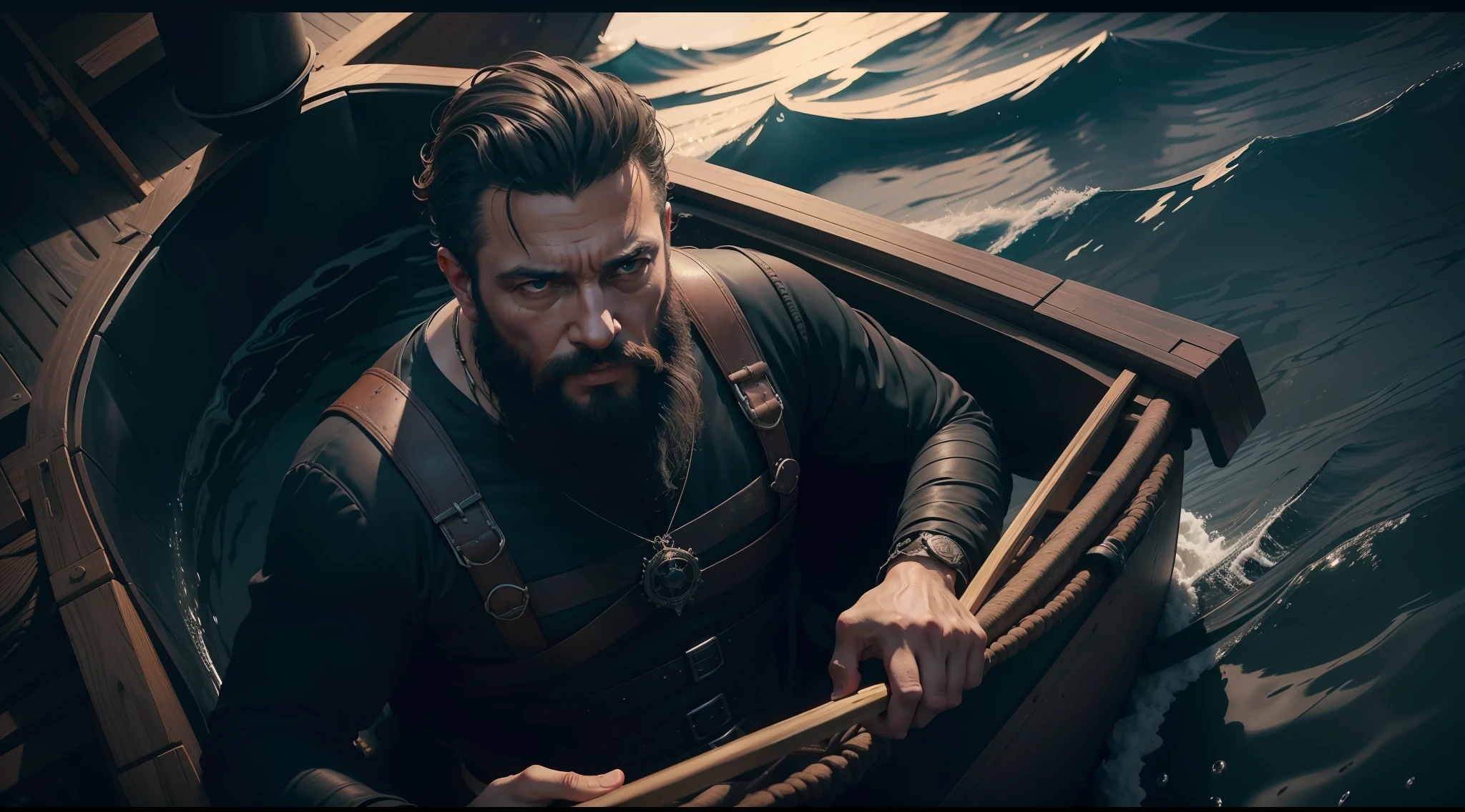 Black bearded man sailing on a raft in the ocean, overhead view, 8k, maximum detailed, high quality, perfect composition, beautiful detailed intricate insanely detailed octane render trending on artstation, 8 k artistic photography, photorealistic concept art, soft natural volumetric cinematic perfect light, chiaroscuro, award - winning photograph, masterpiece, oil on canvas, raphael, caravaggio, greg rutkowski, beeple, beksinski, giger